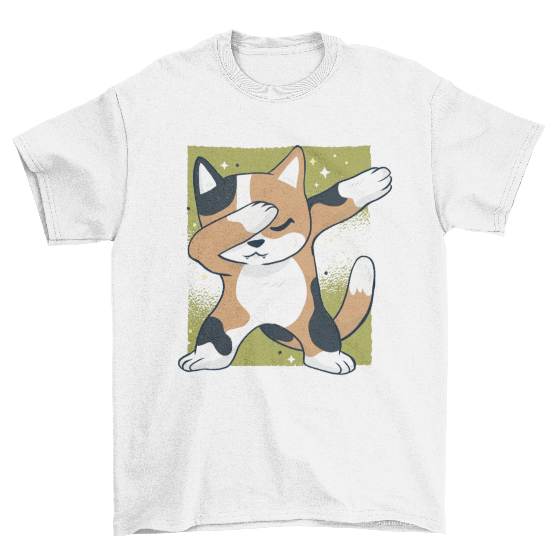 Cute Cat Dab T-shirt featuring a cartoon cat in a dab dance pose on a sparkly green background.