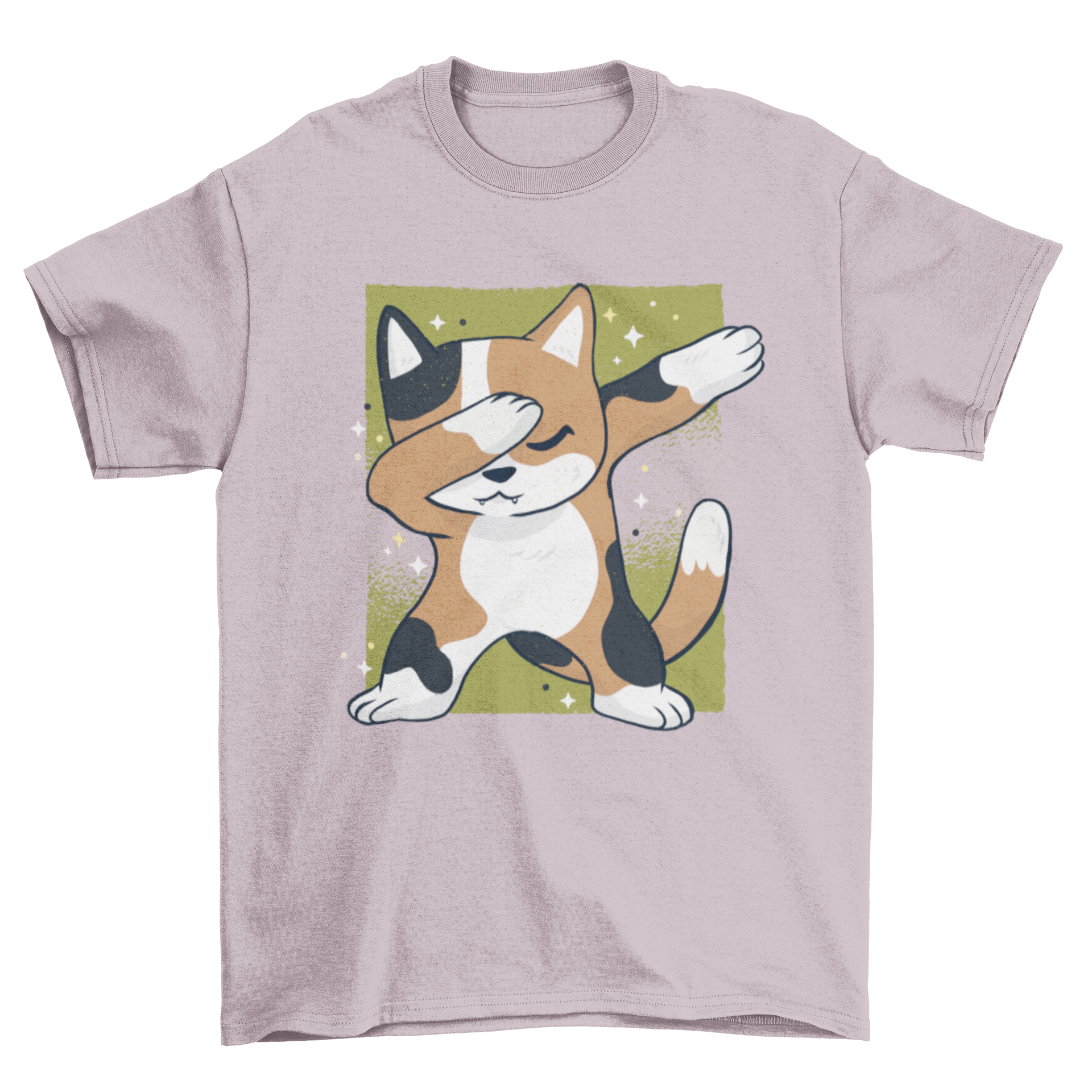 Cute Cat Dab T-shirt featuring a cartoon cat in a dab dance pose on a sparkly green background.