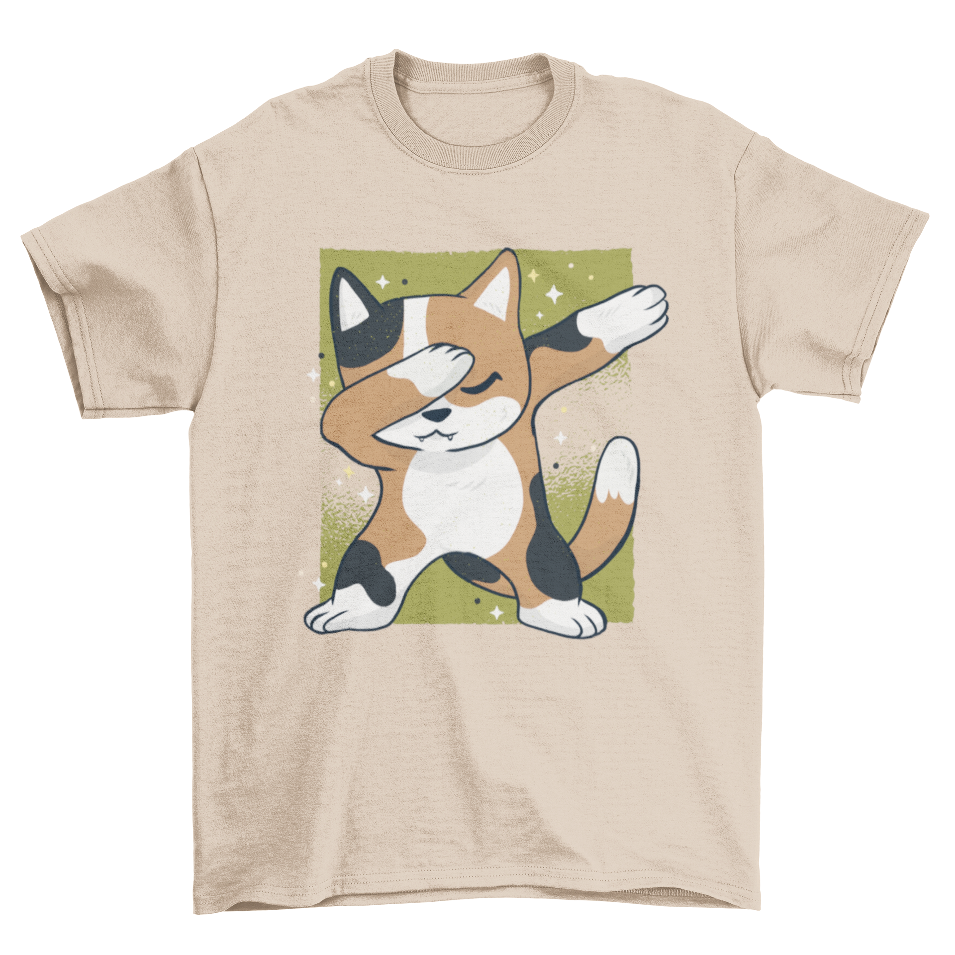 Cute Cat Dab T-shirt featuring a cartoon cat in a dab dance pose on a sparkly green background.