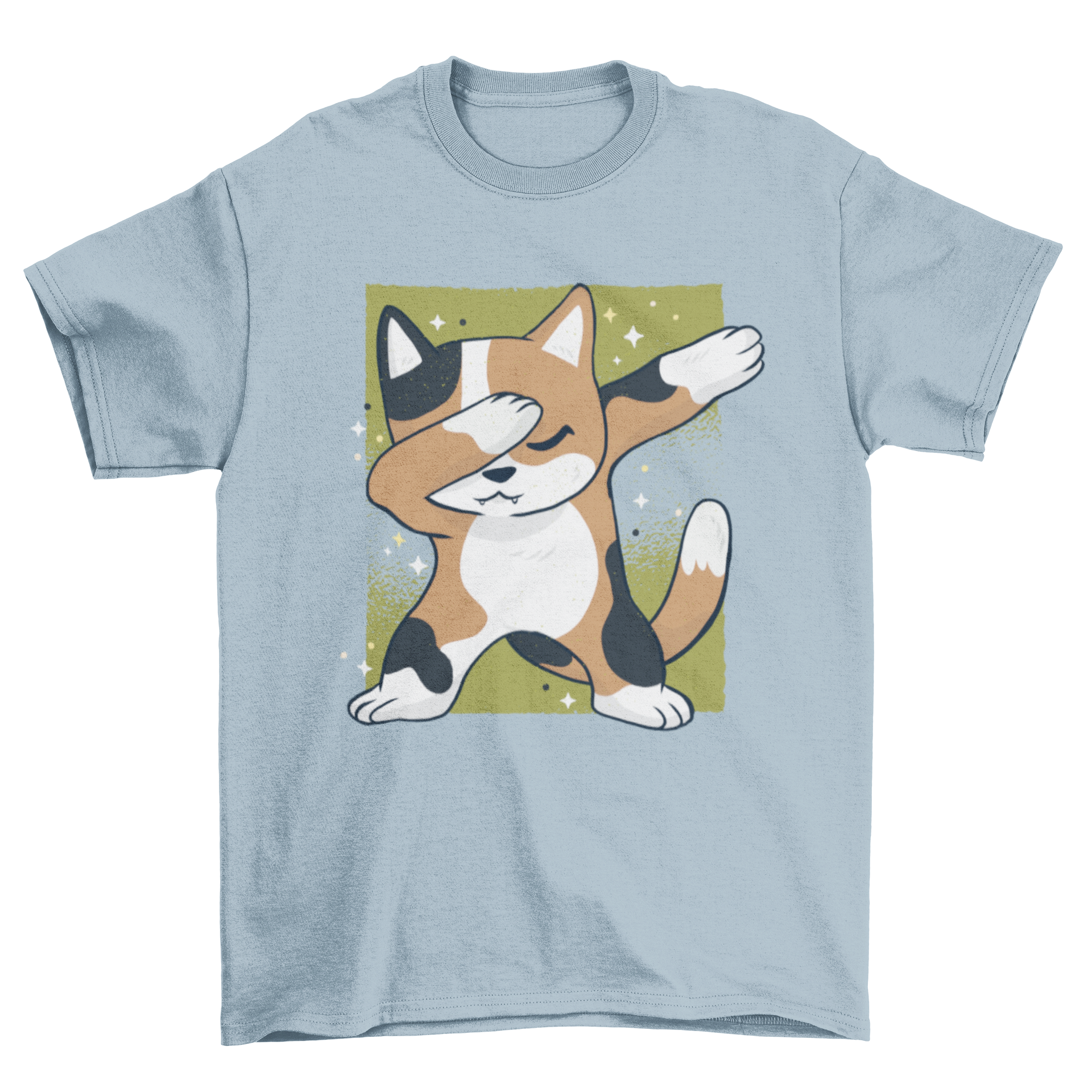 Cute Cat Dab T-shirt featuring a cartoon cat in a dab dance pose on a sparkly green background.