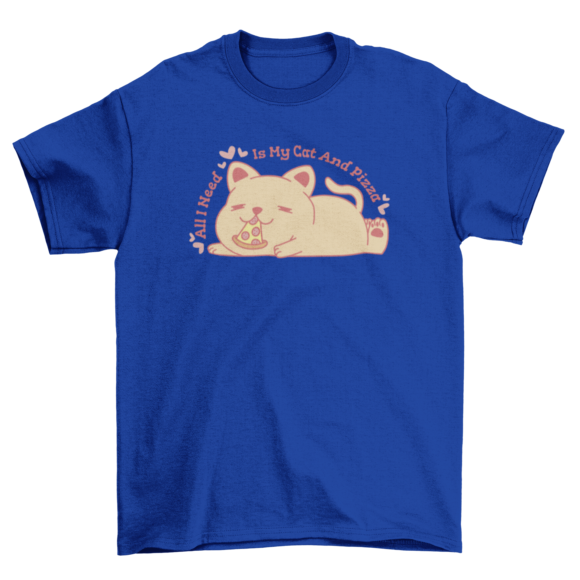 A cute cat lying down and eating a slice of pizza on a t-shirt design.