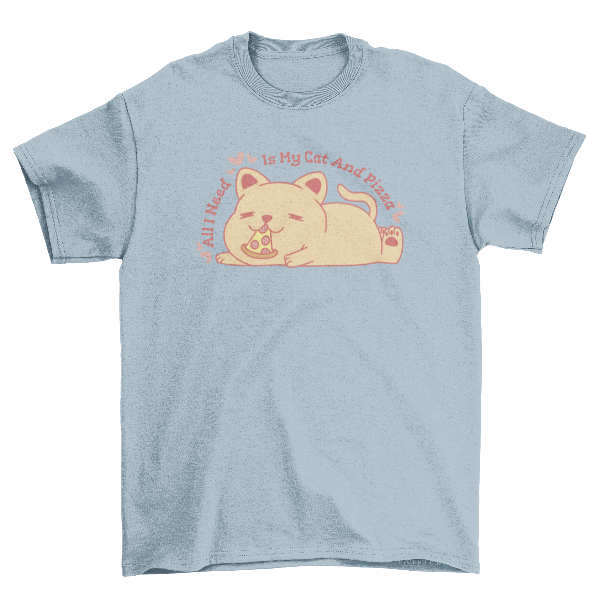 A cute cat lying down and eating a slice of pizza on a t-shirt design.