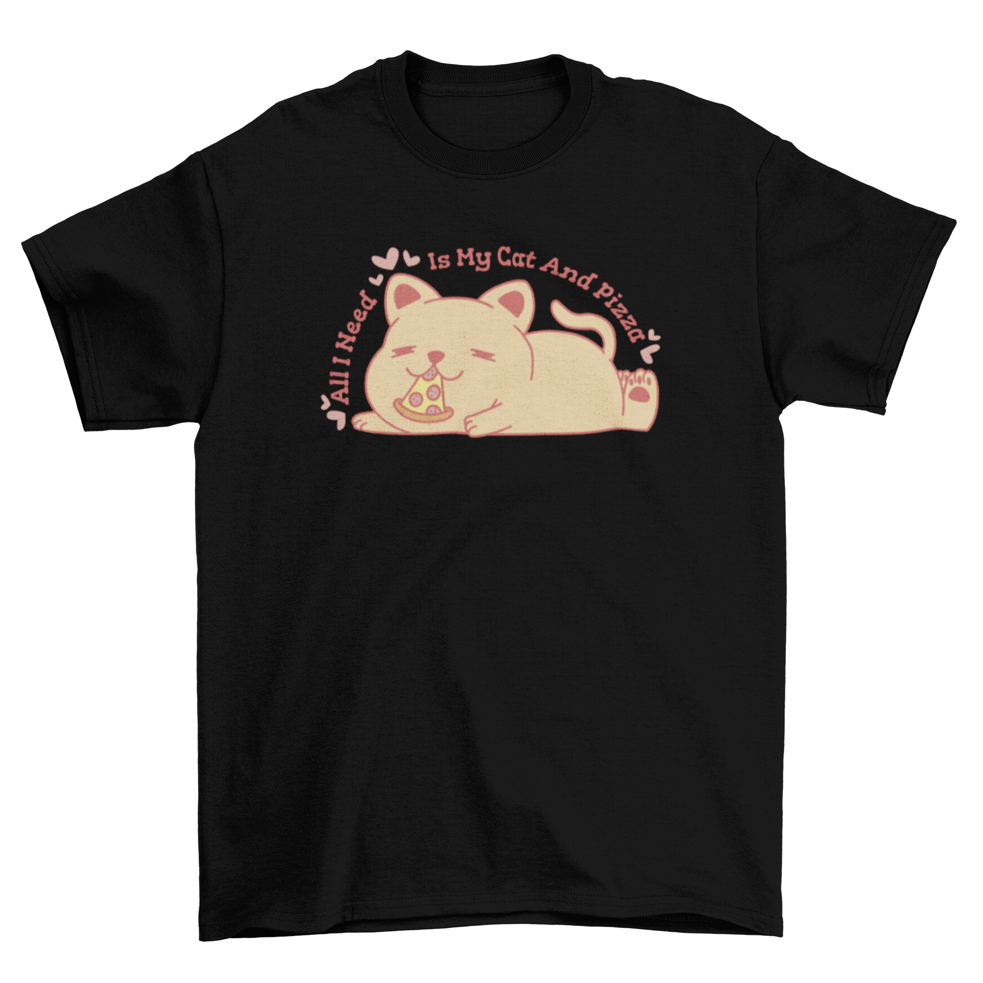 A cute cat lying down and eating a slice of pizza on a t-shirt design.