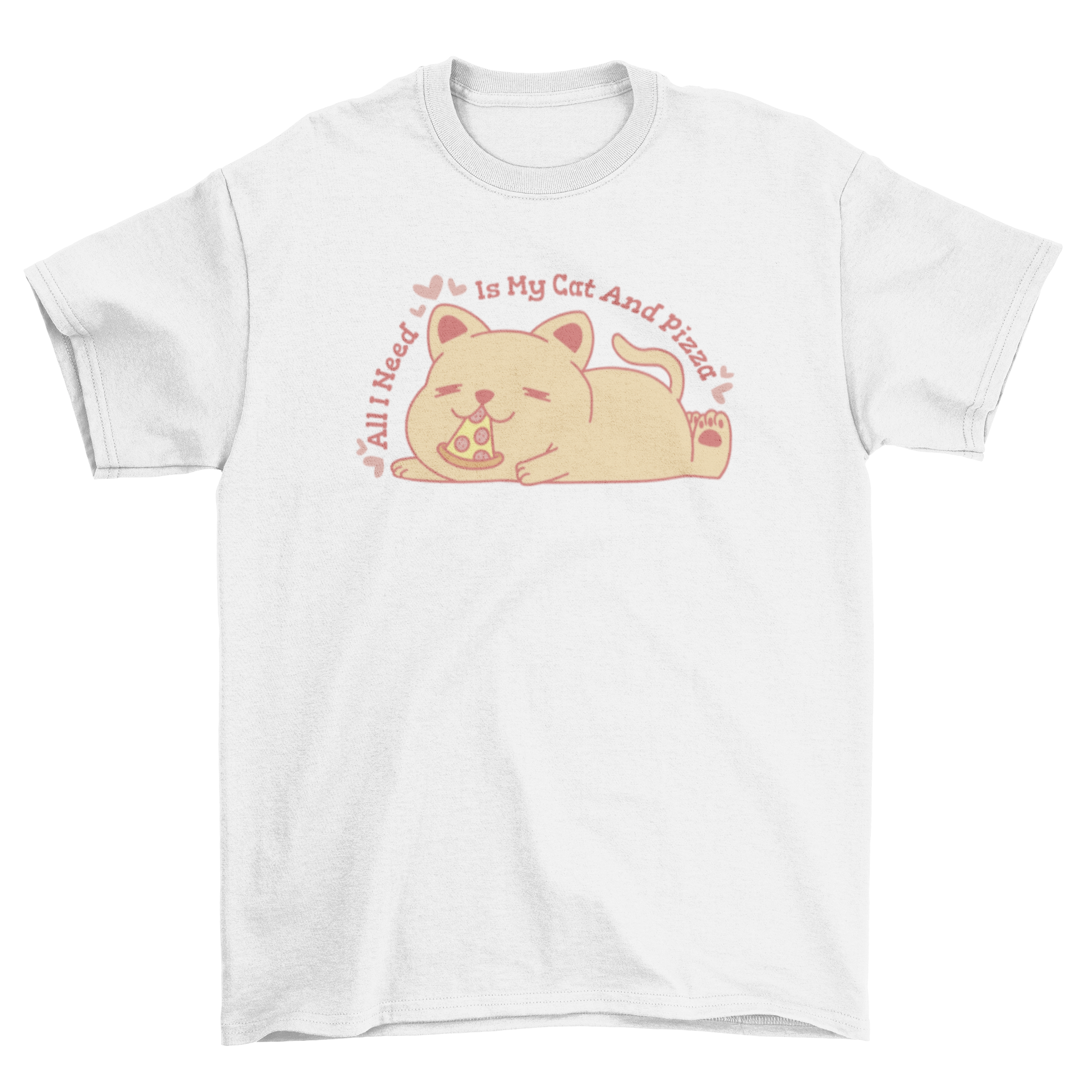 A cute cat lying down and eating a slice of pizza on a t-shirt design.