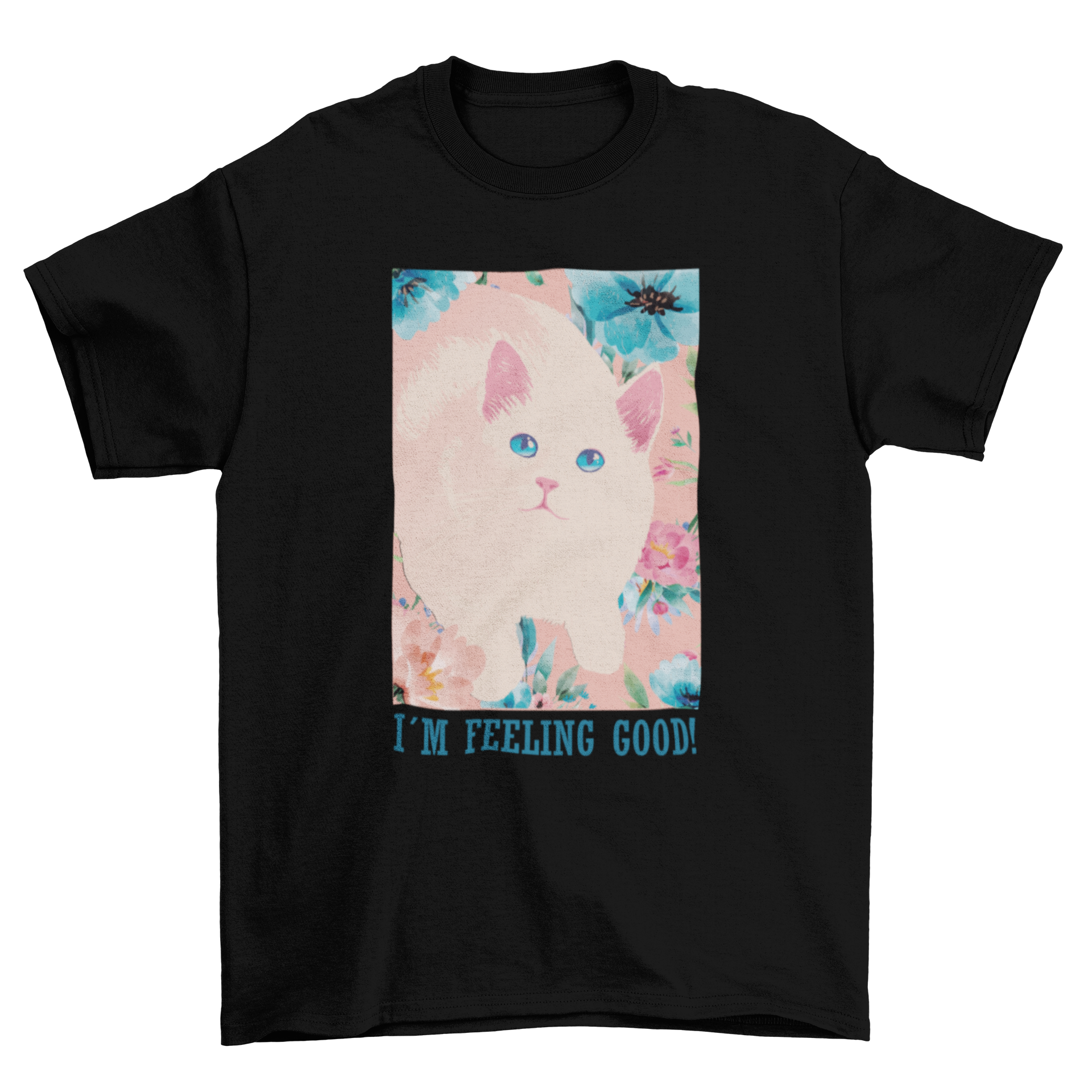 Cute vintage t-shirt featuring a white cat surrounded by colorful flowers with an uplifting quote.