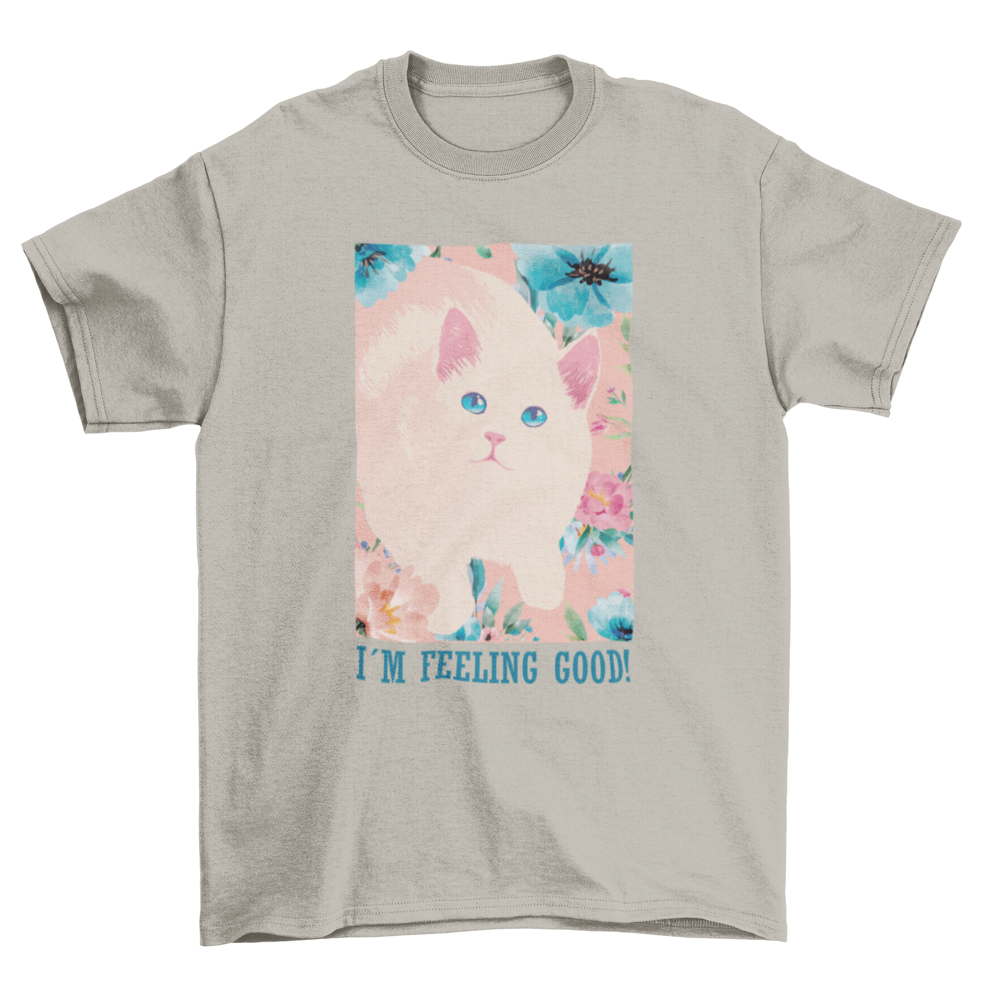 Cute vintage t-shirt featuring a white cat surrounded by colorful flowers with an uplifting quote.