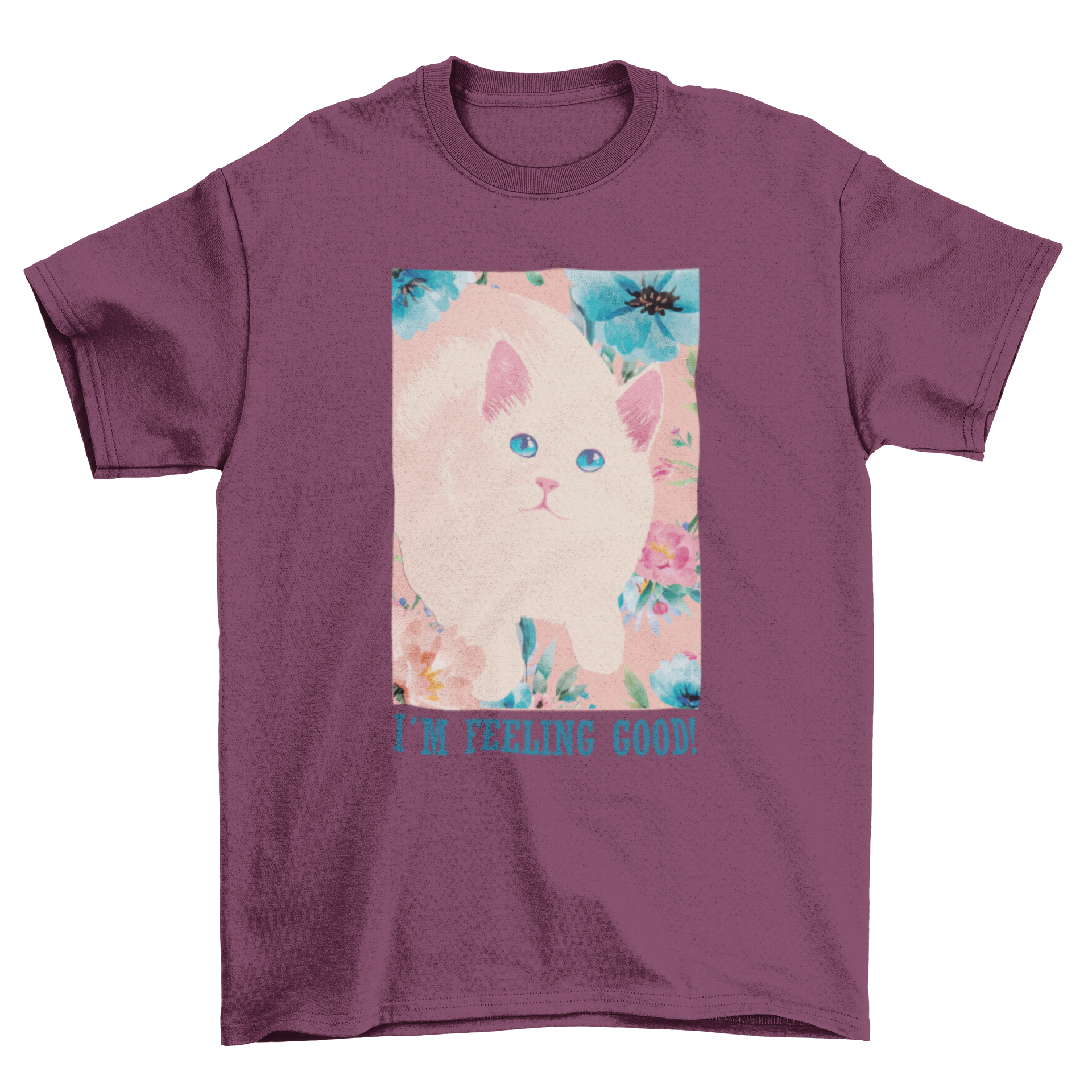 Cute vintage t-shirt featuring a white cat surrounded by colorful flowers with an uplifting quote.