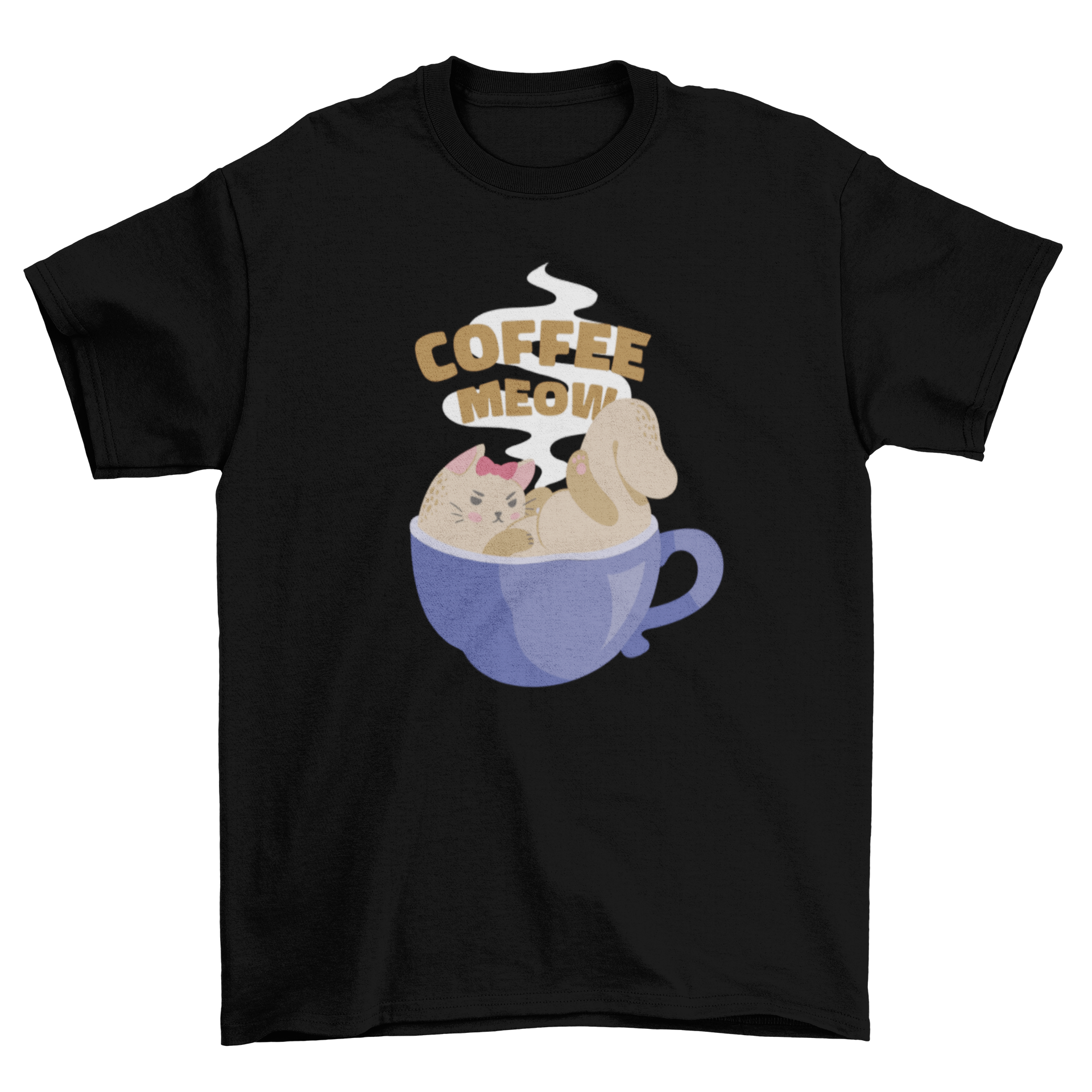 Cute t-shirt design featuring a cat inside a coffee mug with the quote 'Coffee meow'.