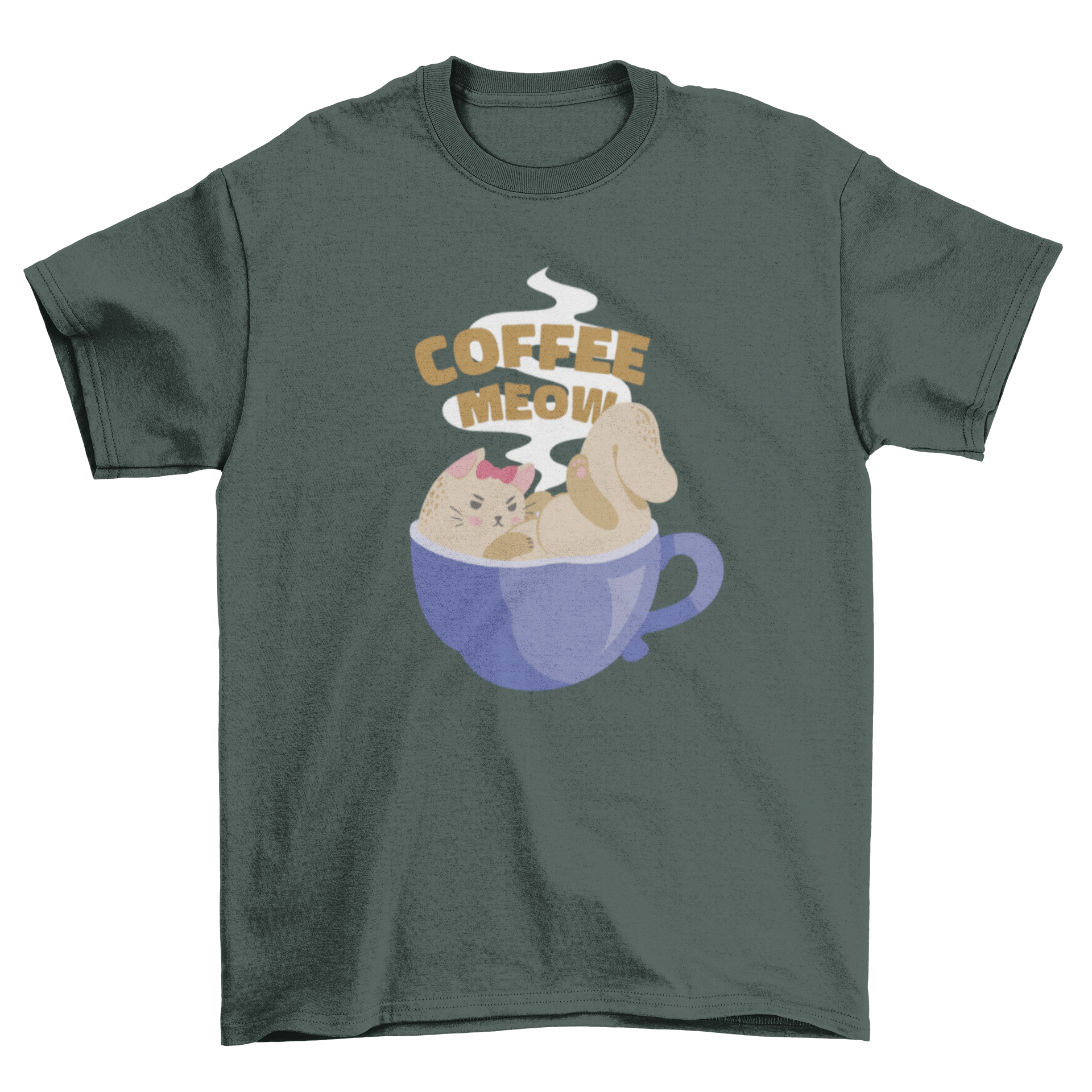 Cute t-shirt design featuring a cat inside a coffee mug with the quote 'Coffee meow'.