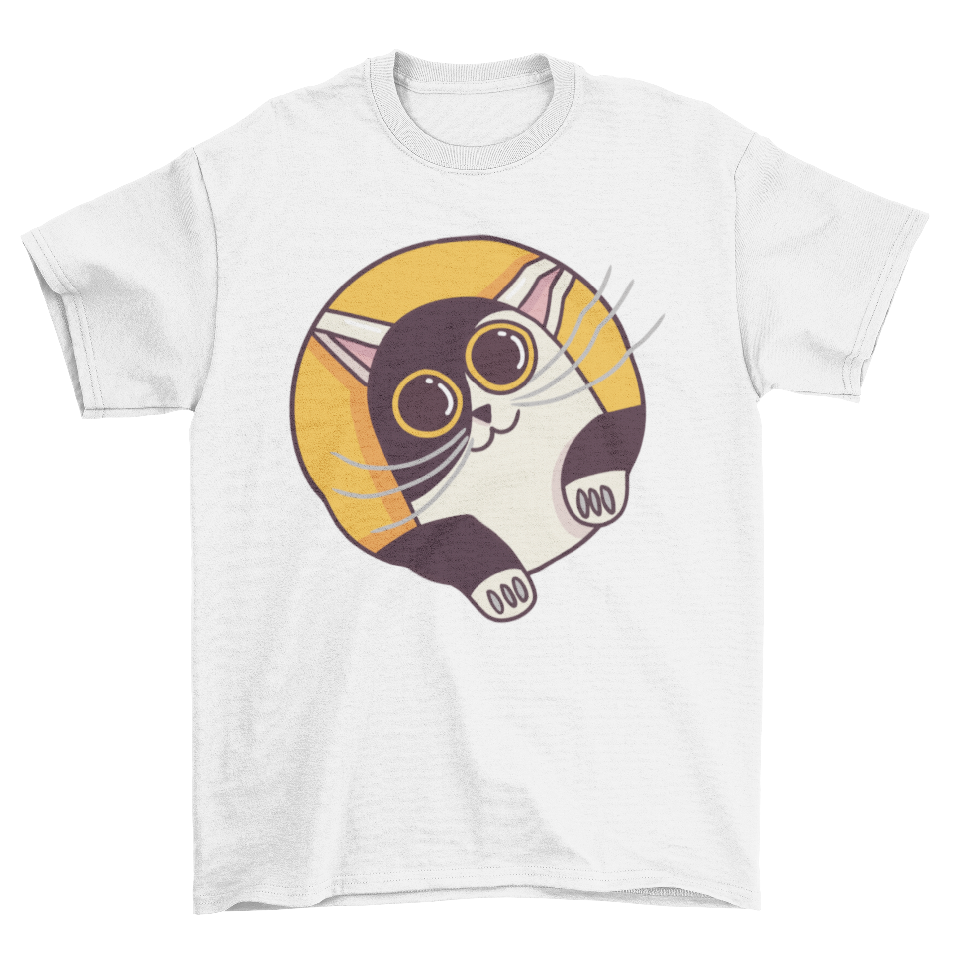 Cute t-shirt featuring a cat looking out from behind a circle, showcasing a playful design.