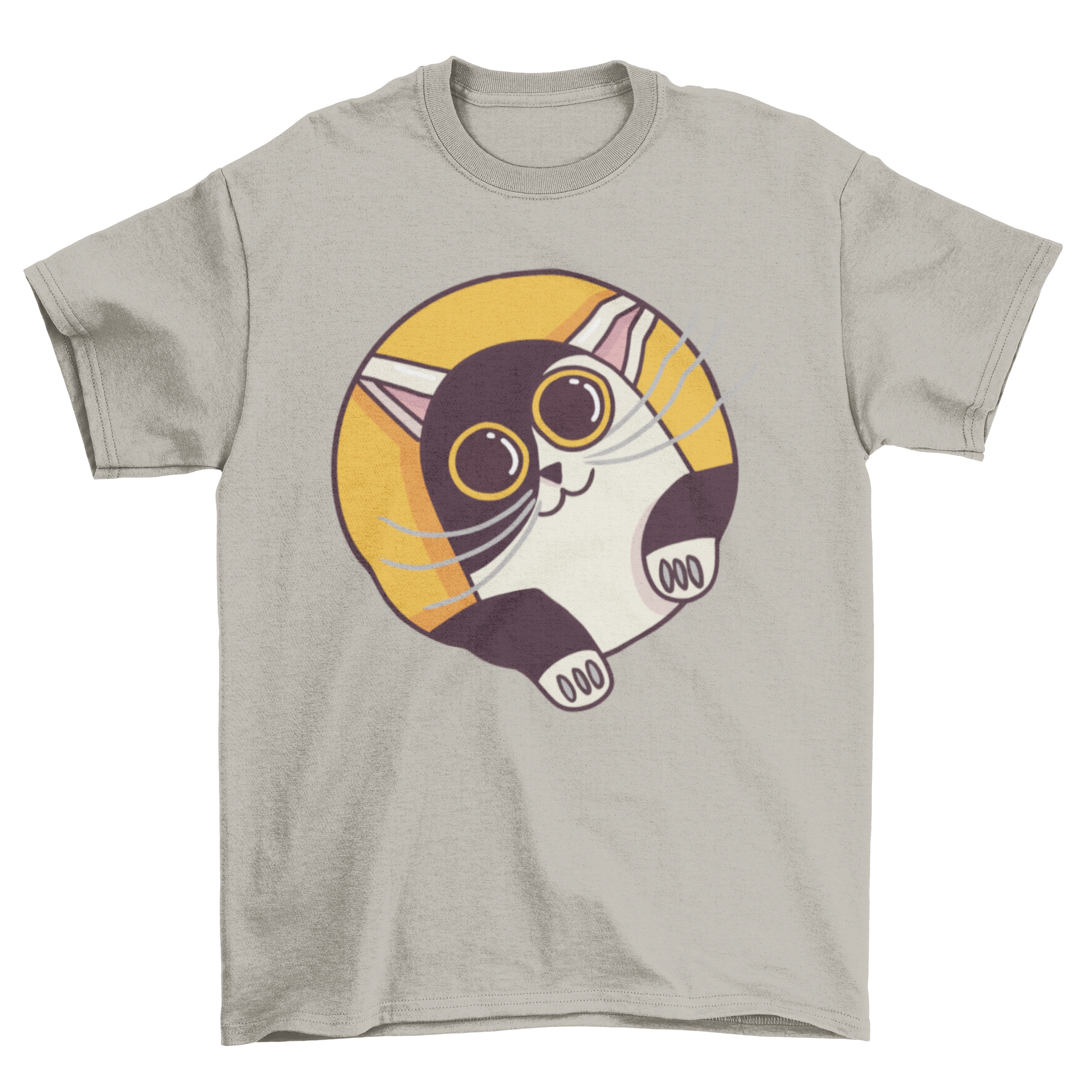 Cute t-shirt featuring a cat looking out from behind a circle, showcasing a playful design.