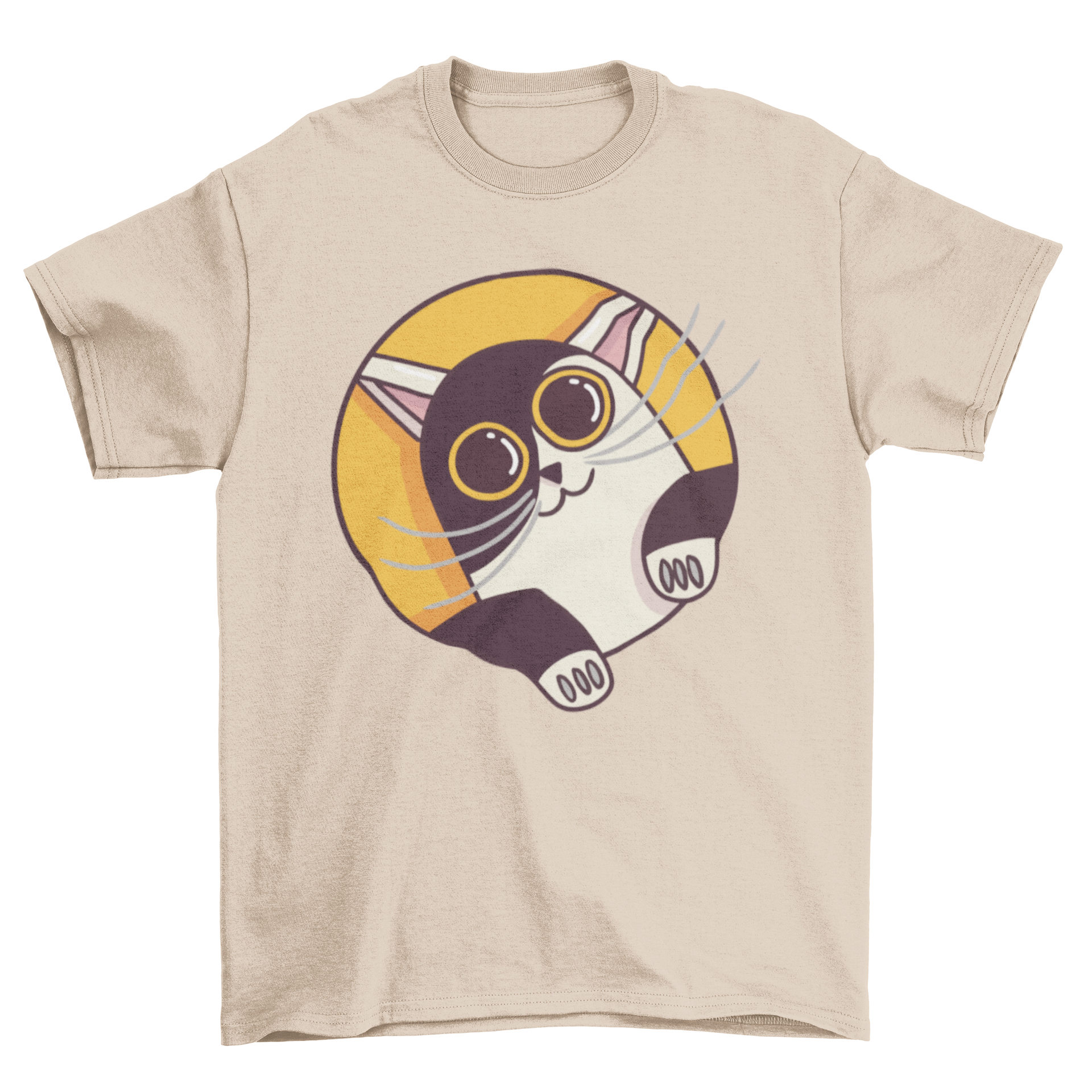 Cute t-shirt featuring a cat looking out from behind a circle, showcasing a playful design.