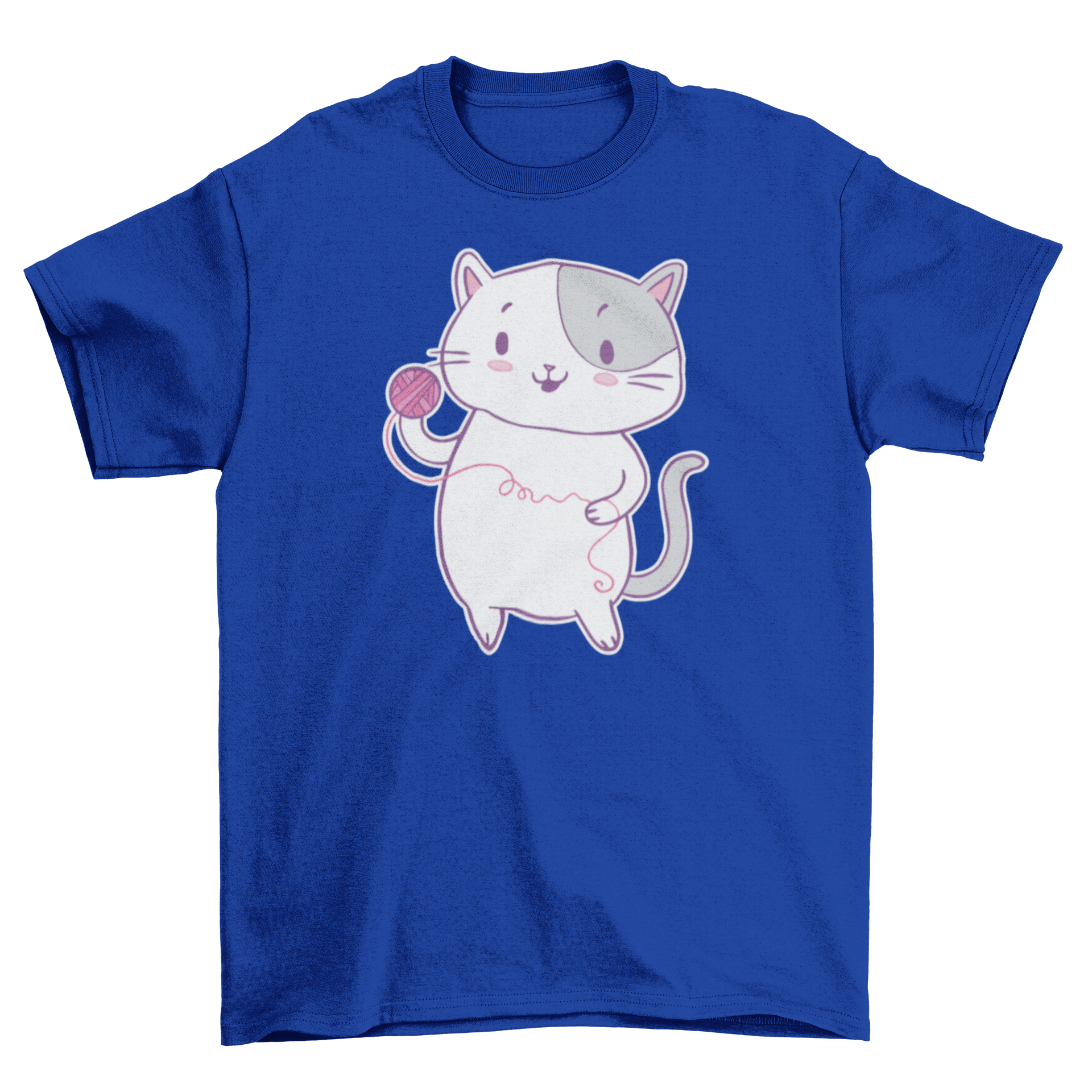 A cute cat playing with a colorful ball of yarn on a t-shirt, showcasing a playful design.