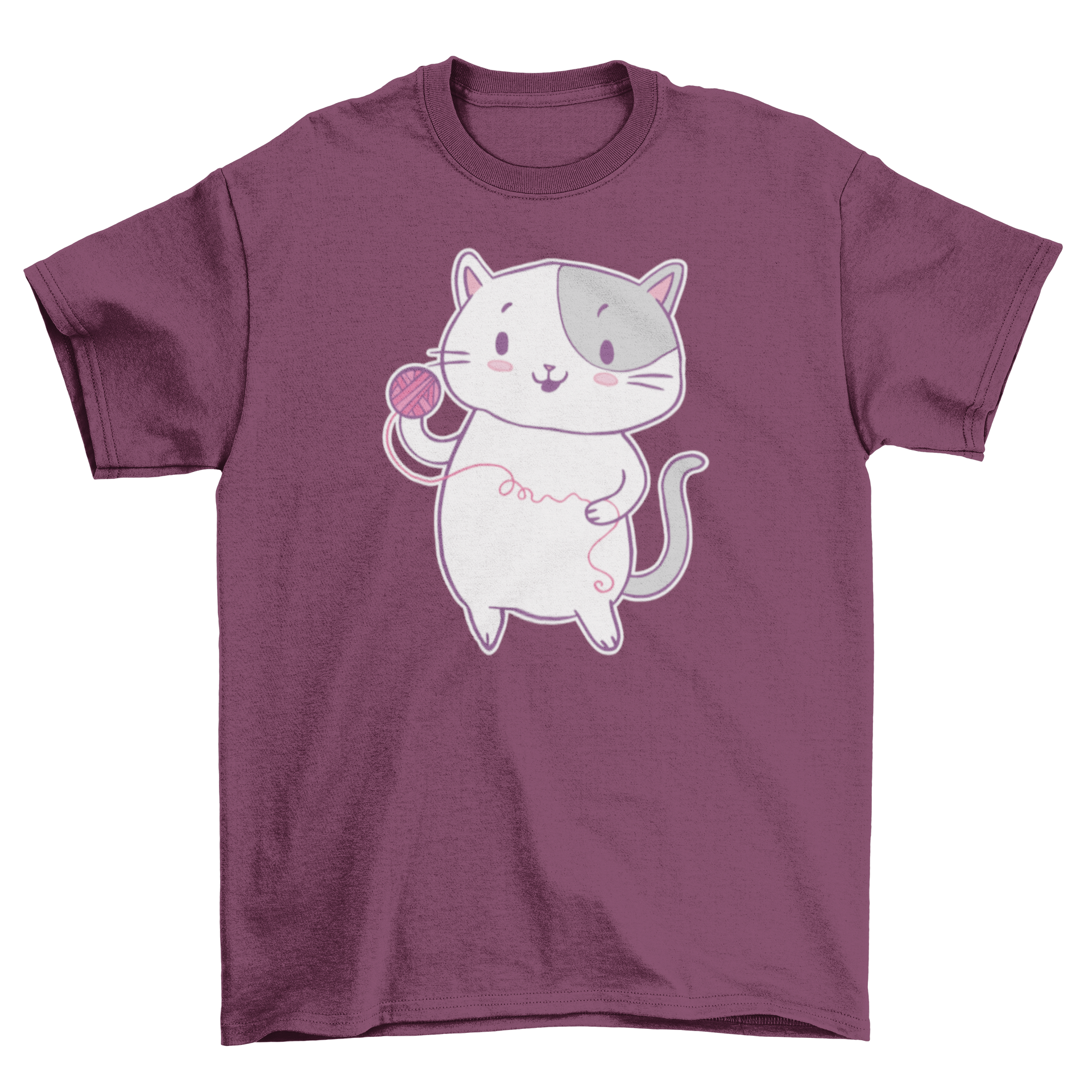 A cute cat playing with a colorful ball of yarn on a t-shirt, showcasing a playful design.