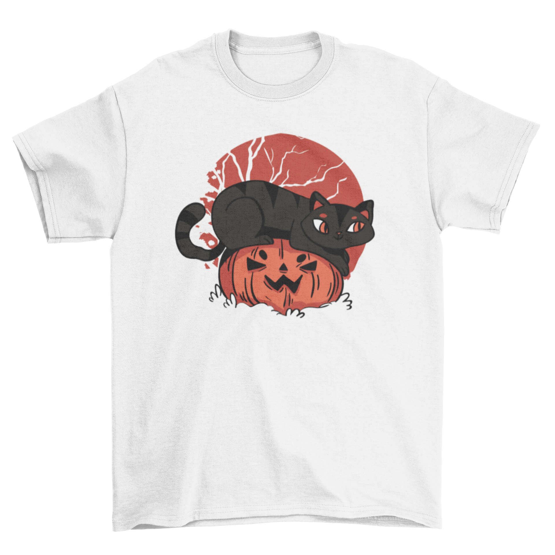 Cute cat pumpkin t-shirt featuring a black cat on a jack-o-lantern, perfect for Halloween celebrations.