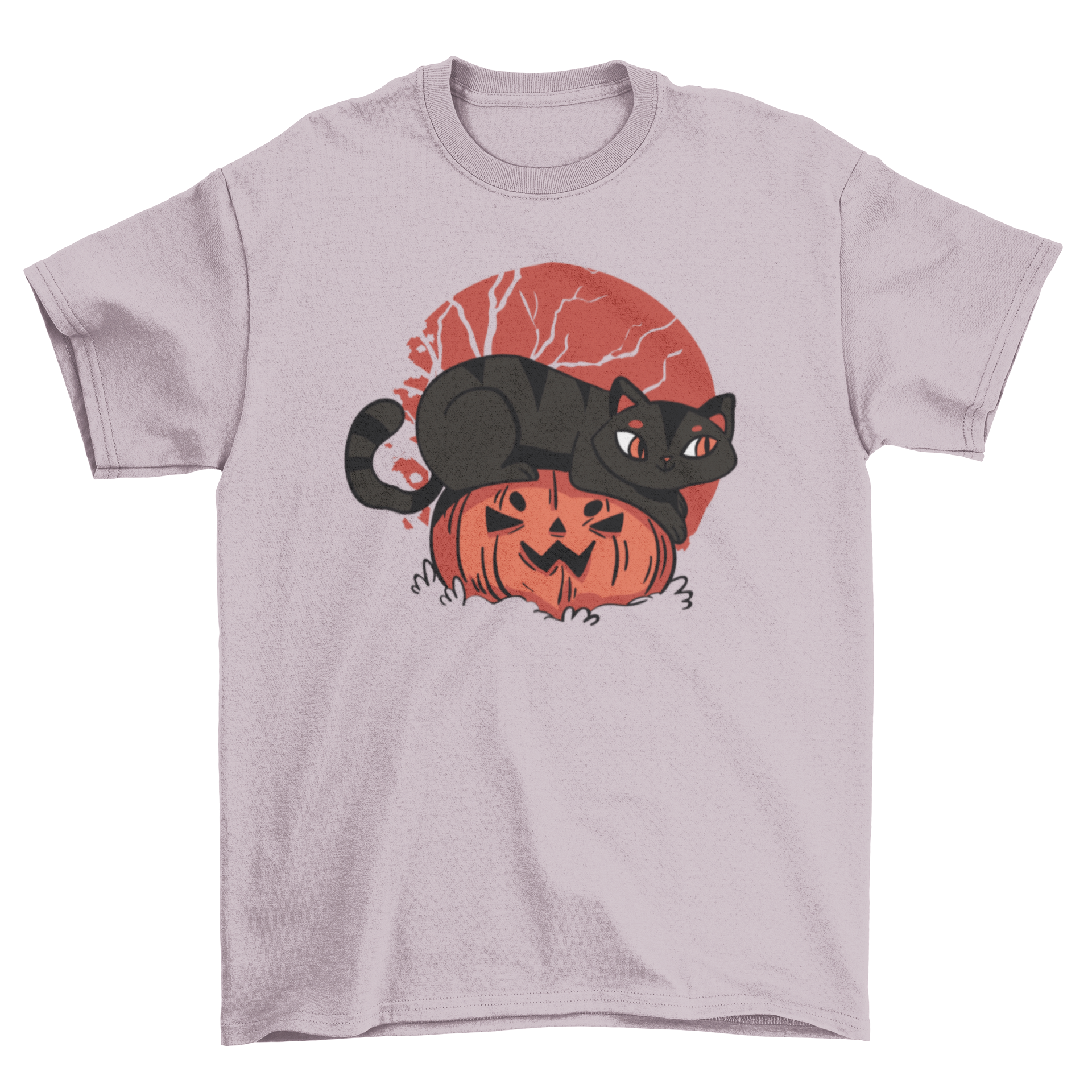 Cute cat pumpkin t-shirt featuring a black cat on a jack-o-lantern, perfect for Halloween celebrations.