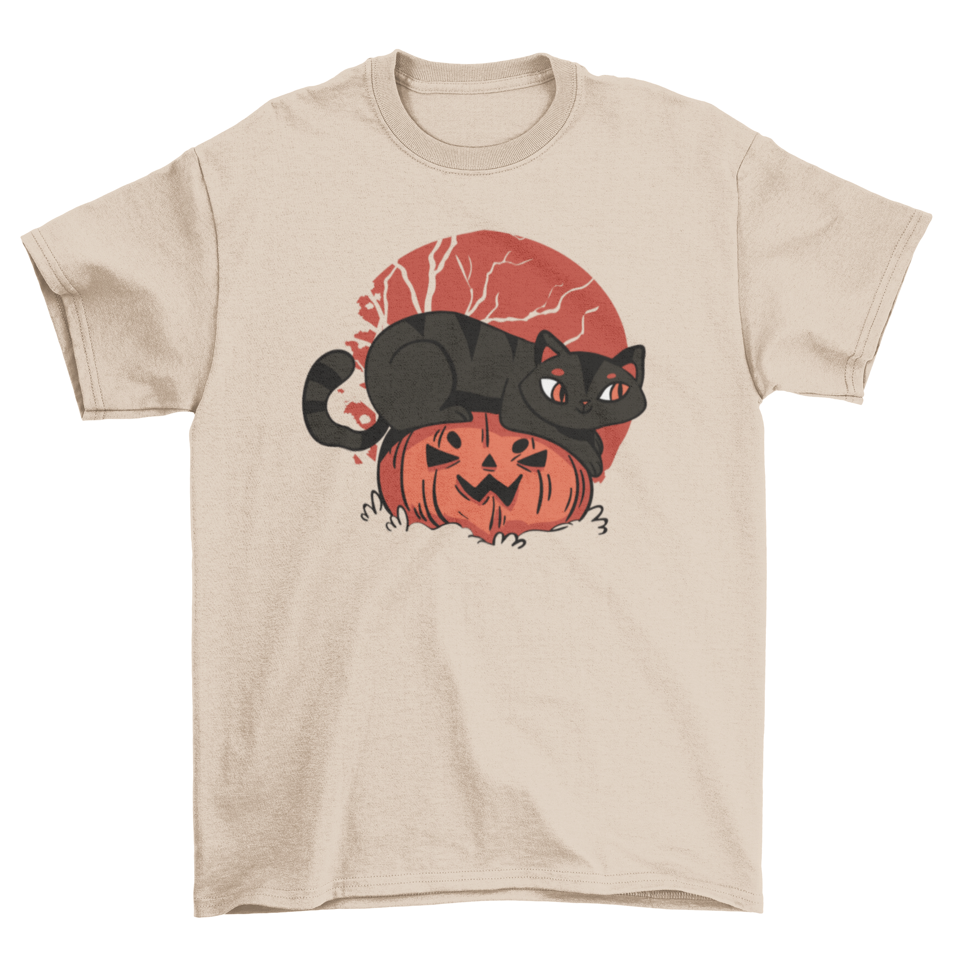 Cute cat pumpkin t-shirt featuring a black cat on a jack-o-lantern, perfect for Halloween celebrations.