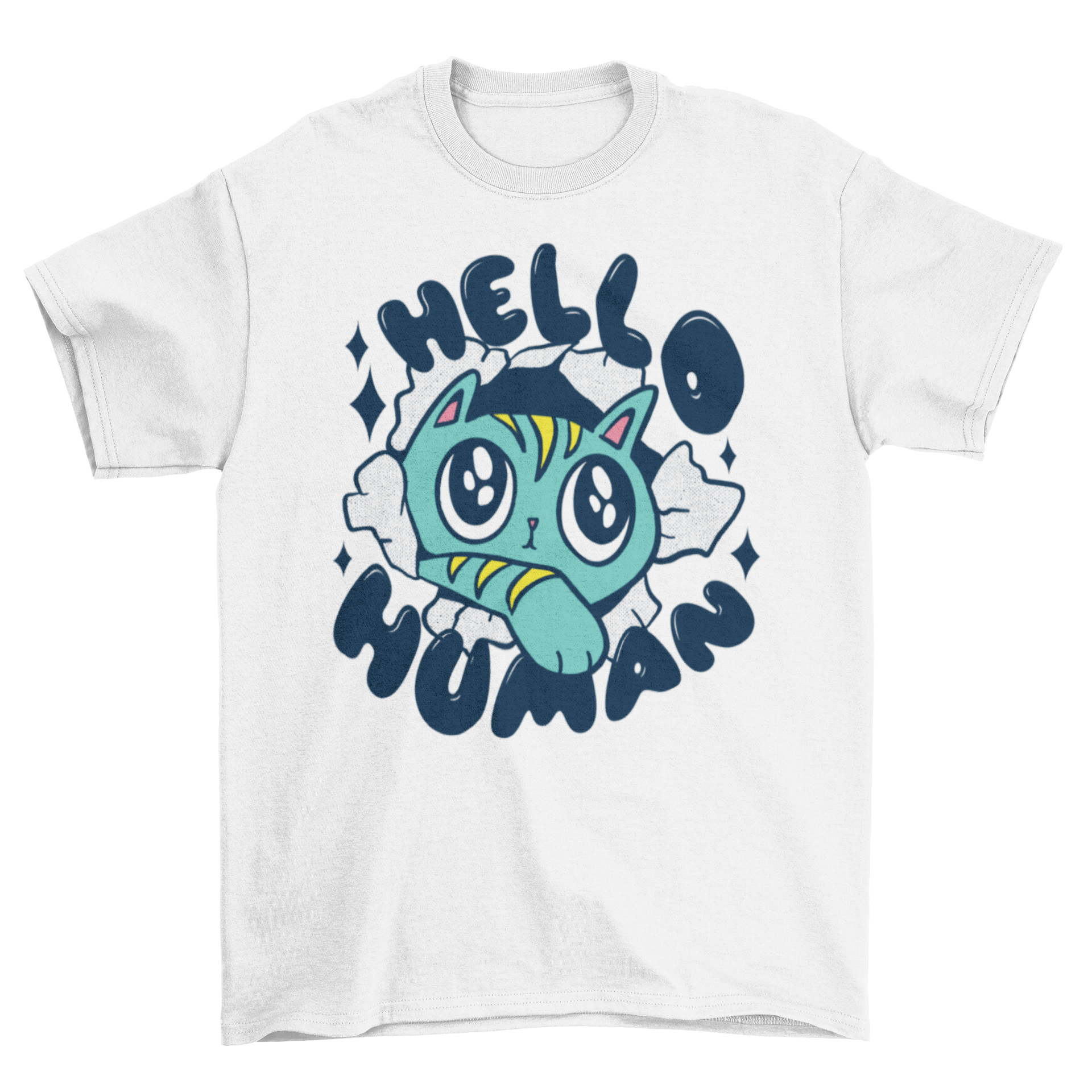 A cute cat design on a t-shirt with the quote 'Hello human', showcasing a playful and humorous style.