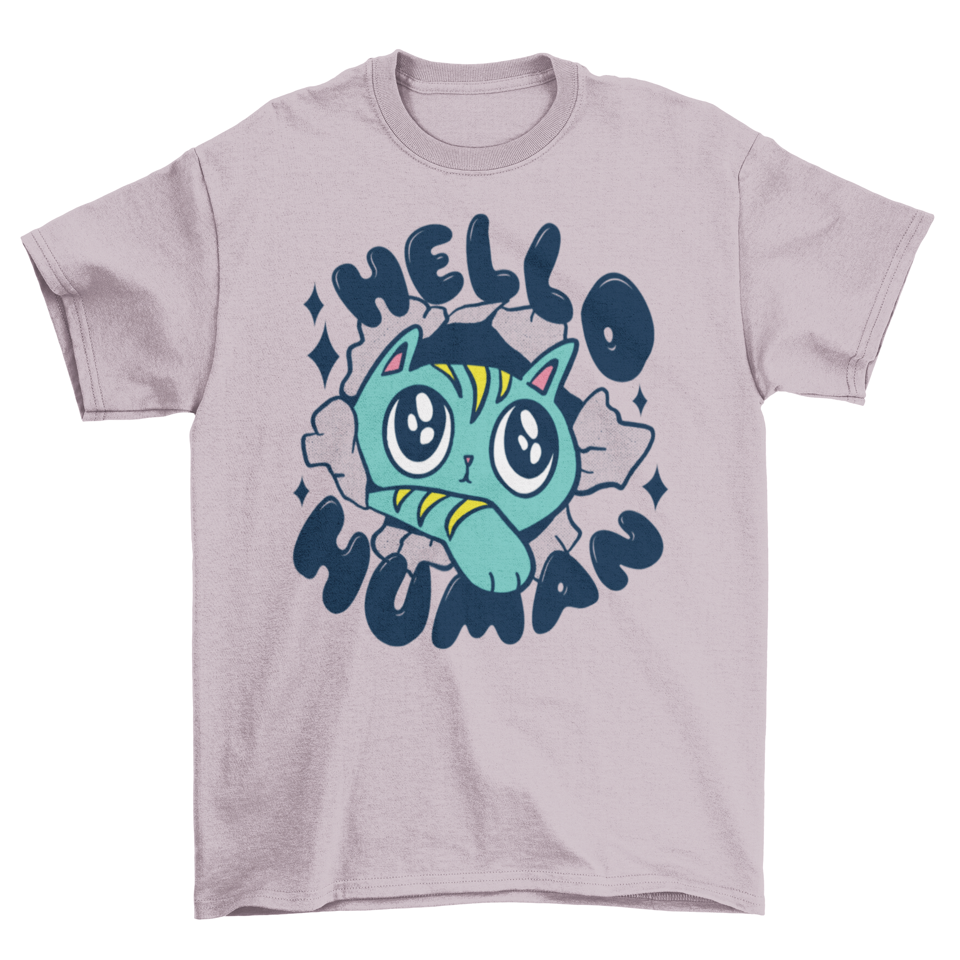 A cute cat design on a t-shirt with the quote 'Hello human', showcasing a playful and humorous style.