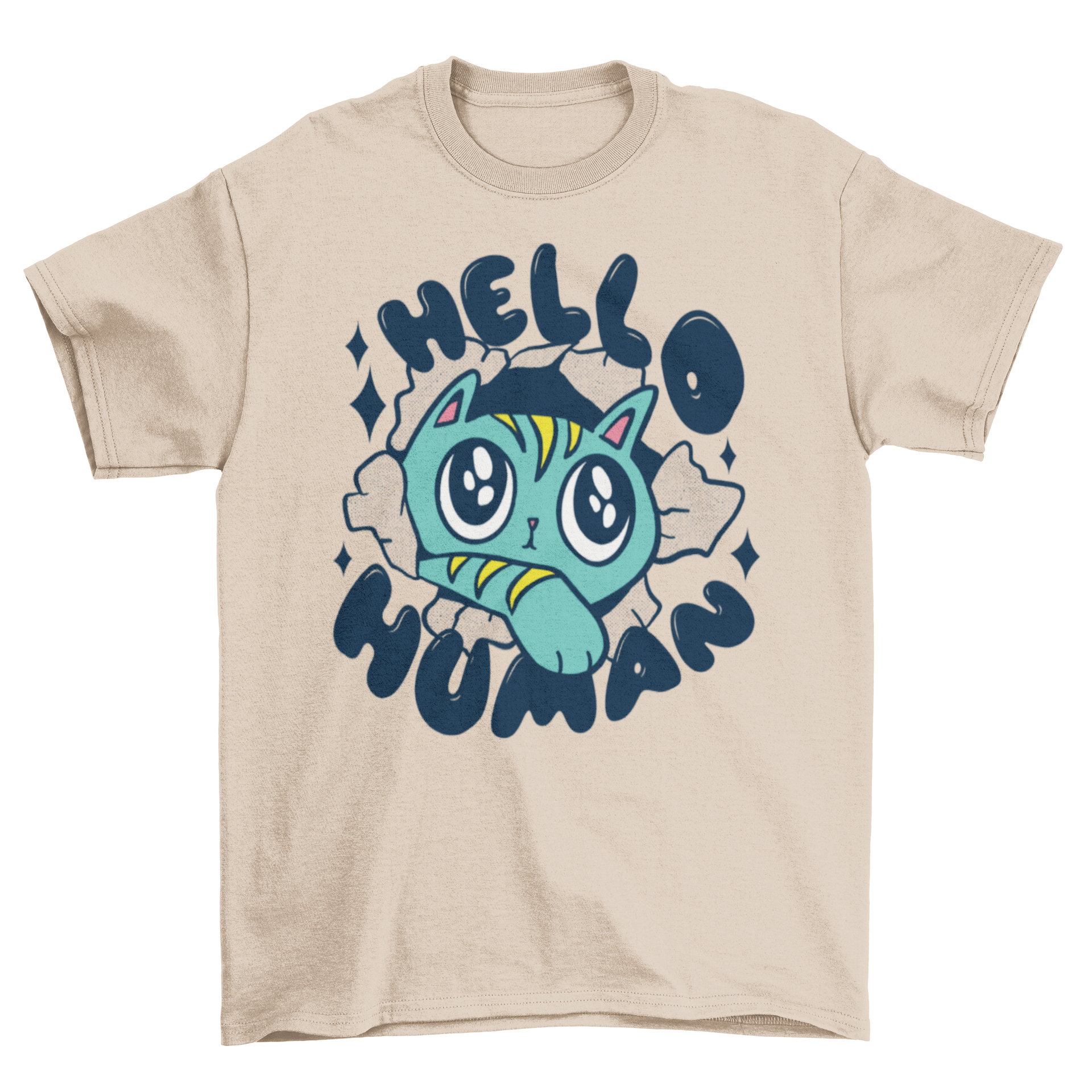 A cute cat design on a t-shirt with the quote 'Hello human', showcasing a playful and humorous style.