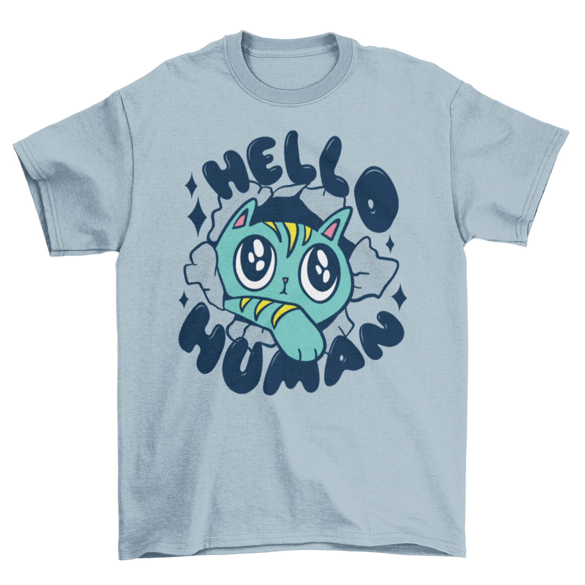 A cute cat design on a t-shirt with the quote 'Hello human', showcasing a playful and humorous style.