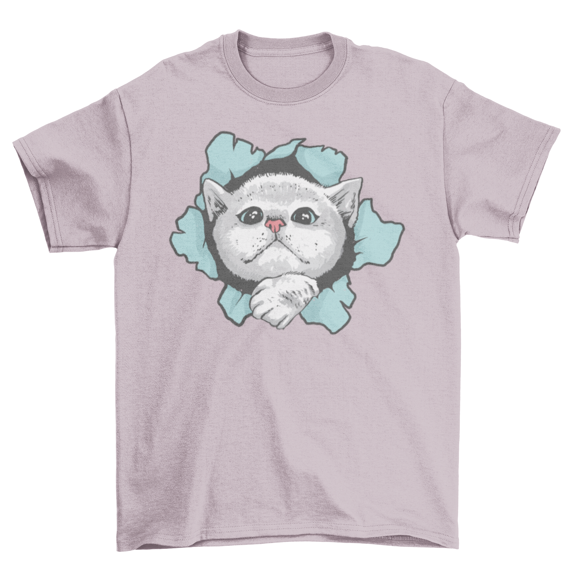 A cute t-shirt featuring a playful cat design peeking through a hole, showcasing vibrant colors and a whimsical illustration.