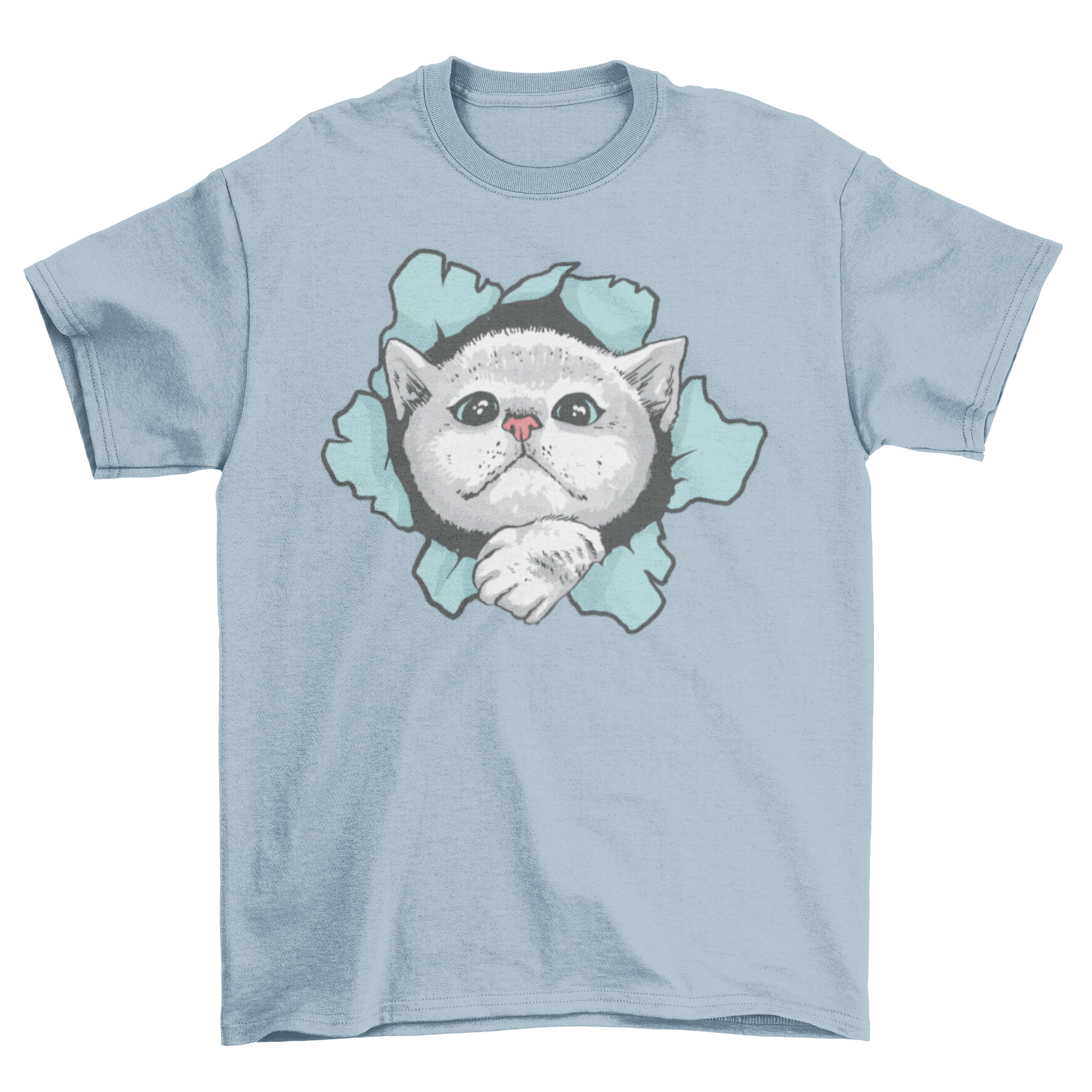 A cute t-shirt featuring a playful cat design peeking through a hole, showcasing vibrant colors and a whimsical illustration.