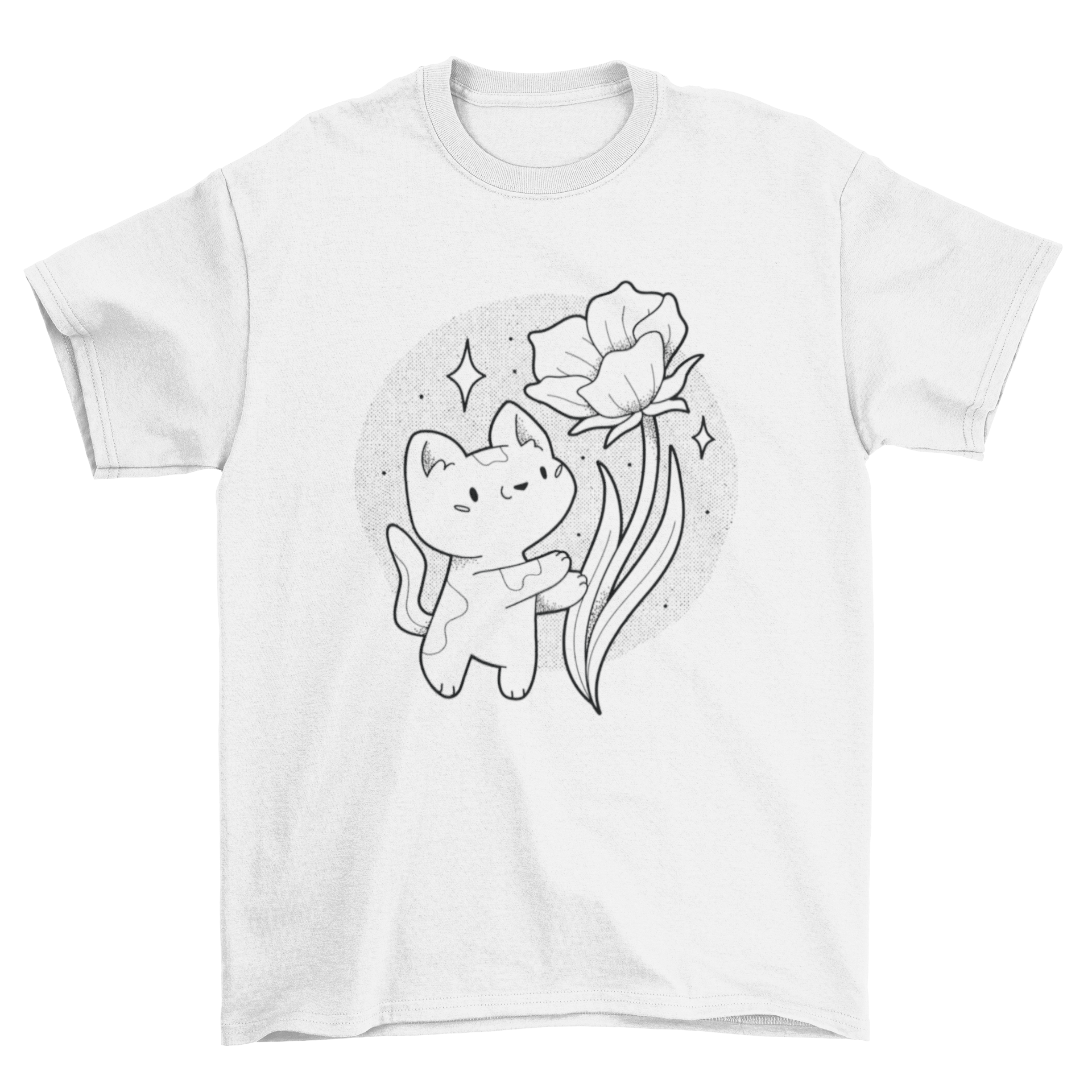 A cute cat design with a blooming flower on a soft t-shirt, perfect for cat lovers.