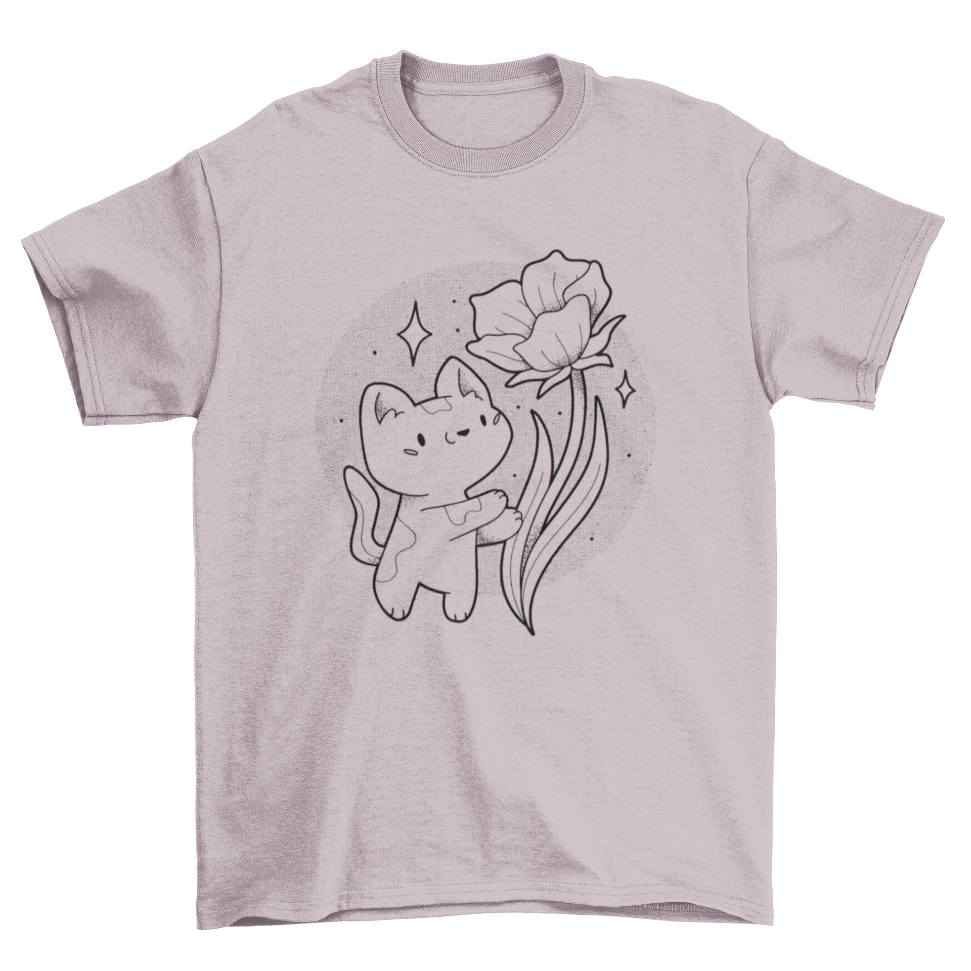 A cute cat design with a blooming flower on a soft t-shirt, perfect for cat lovers.