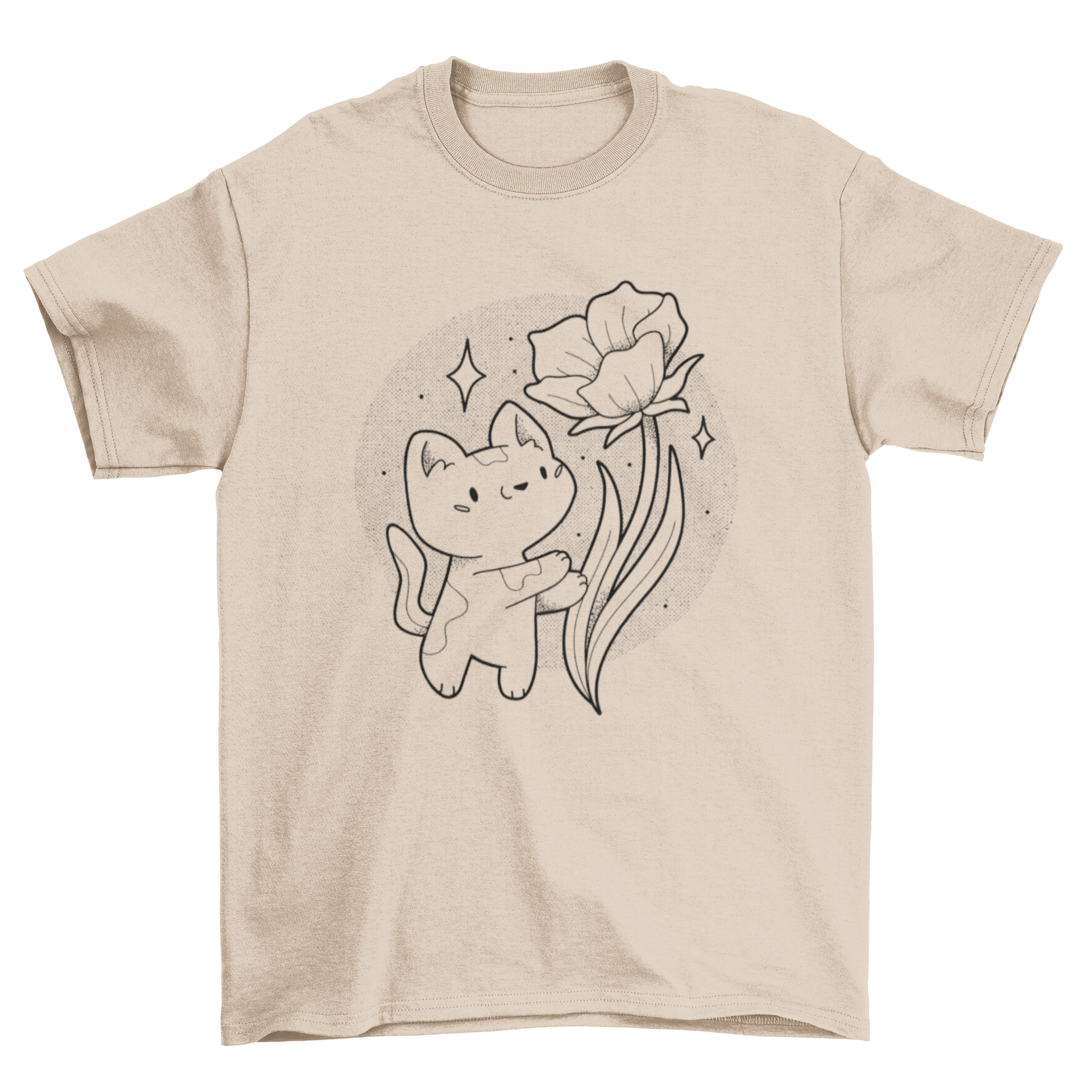 A cute cat design with a blooming flower on a soft t-shirt, perfect for cat lovers.