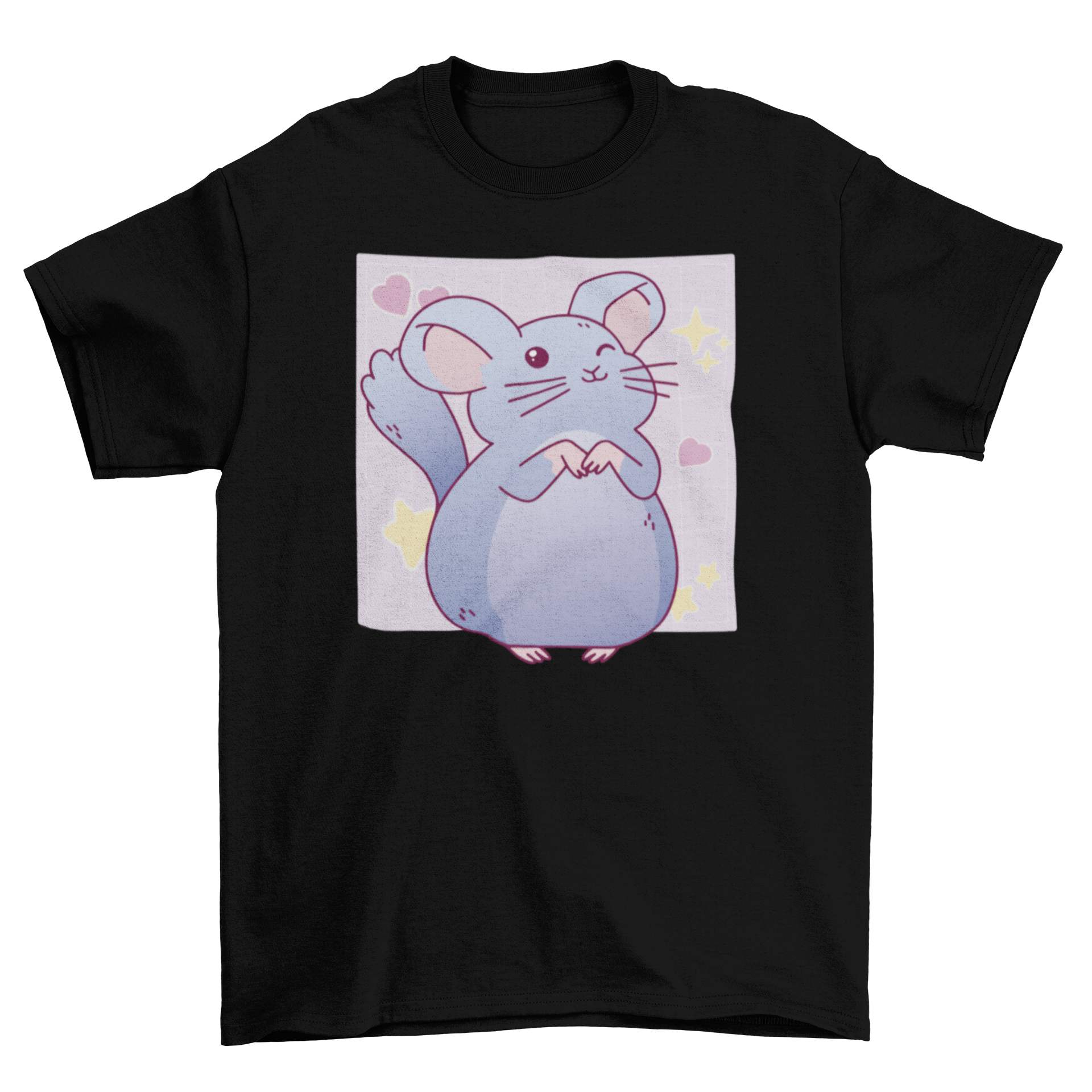 Cute chinchilla wink t-shirt featuring a charming chinchilla character with hearts and stars.