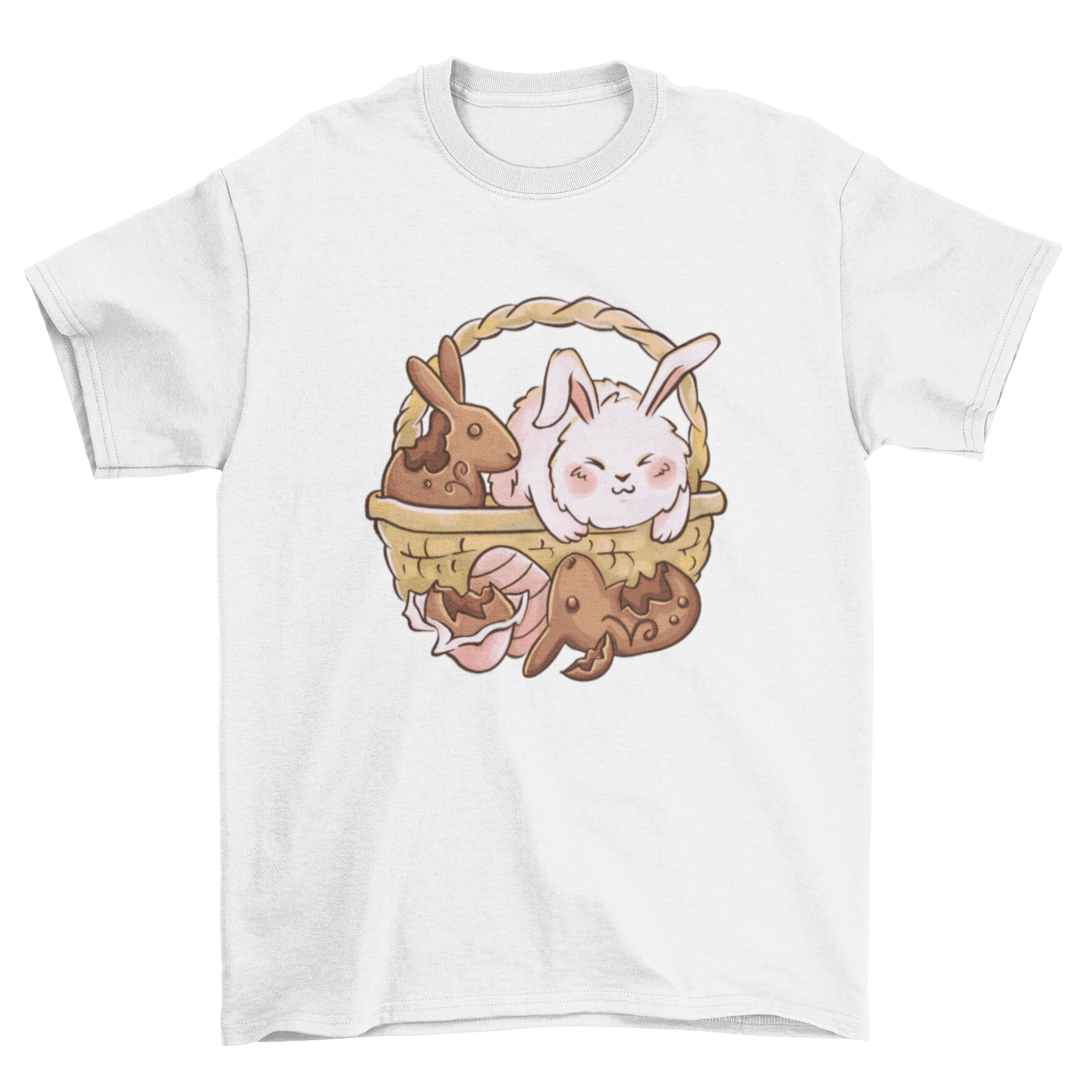 Cute chocolate Easter bunny t-shirt featuring a bunny in a picnic basket surrounded by chocolate rabbits.