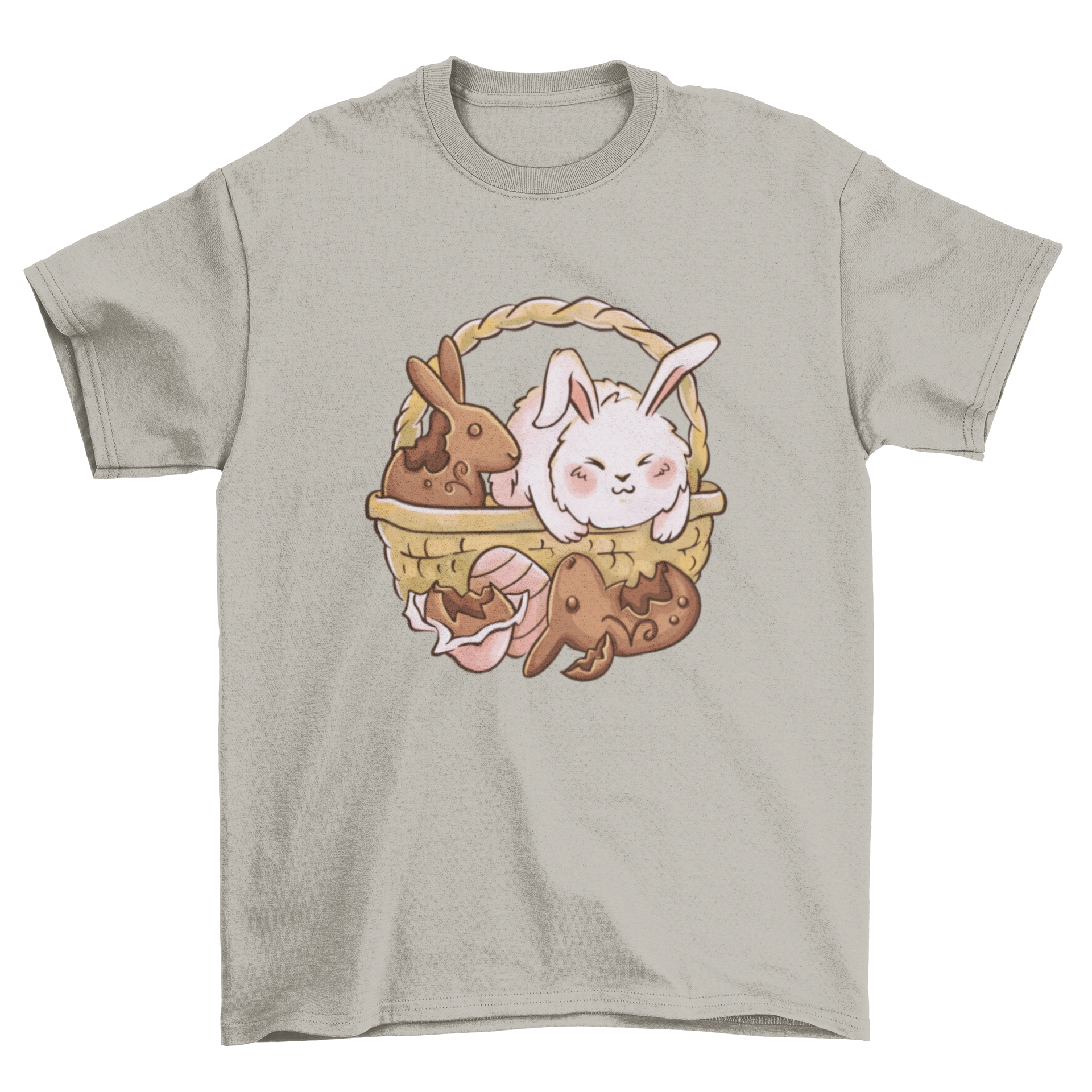 Cute chocolate Easter bunny t-shirt featuring a bunny in a picnic basket surrounded by chocolate rabbits.