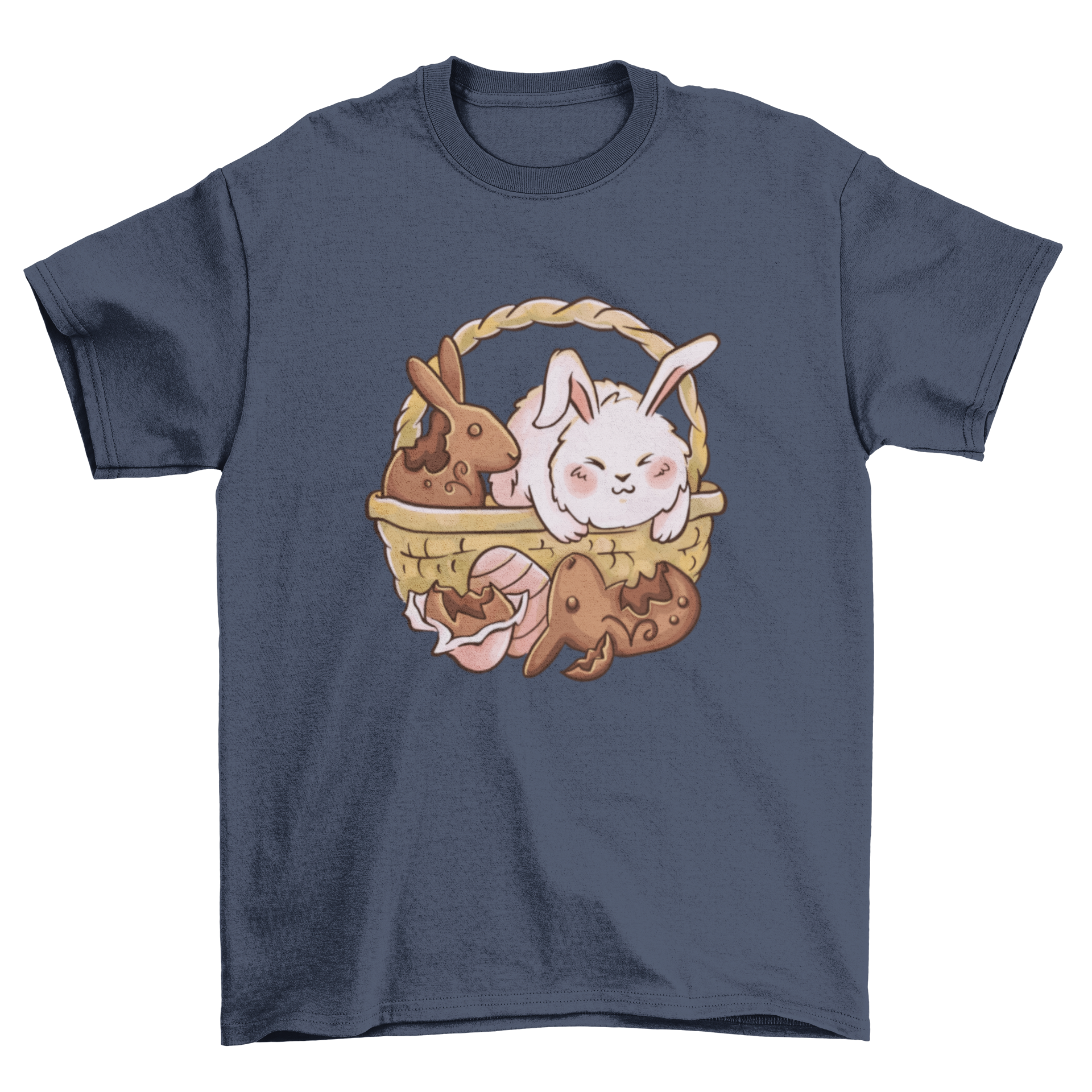 Cute chocolate Easter bunny t-shirt featuring a bunny in a picnic basket surrounded by chocolate rabbits.