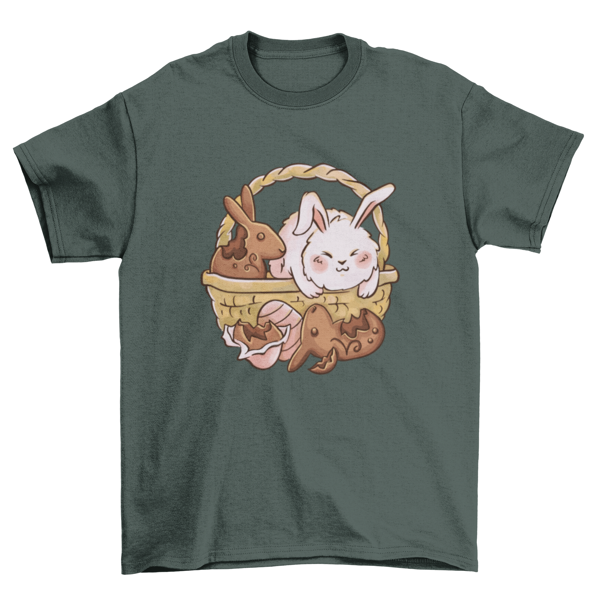 Cute chocolate Easter bunny t-shirt featuring a bunny in a picnic basket surrounded by chocolate rabbits.