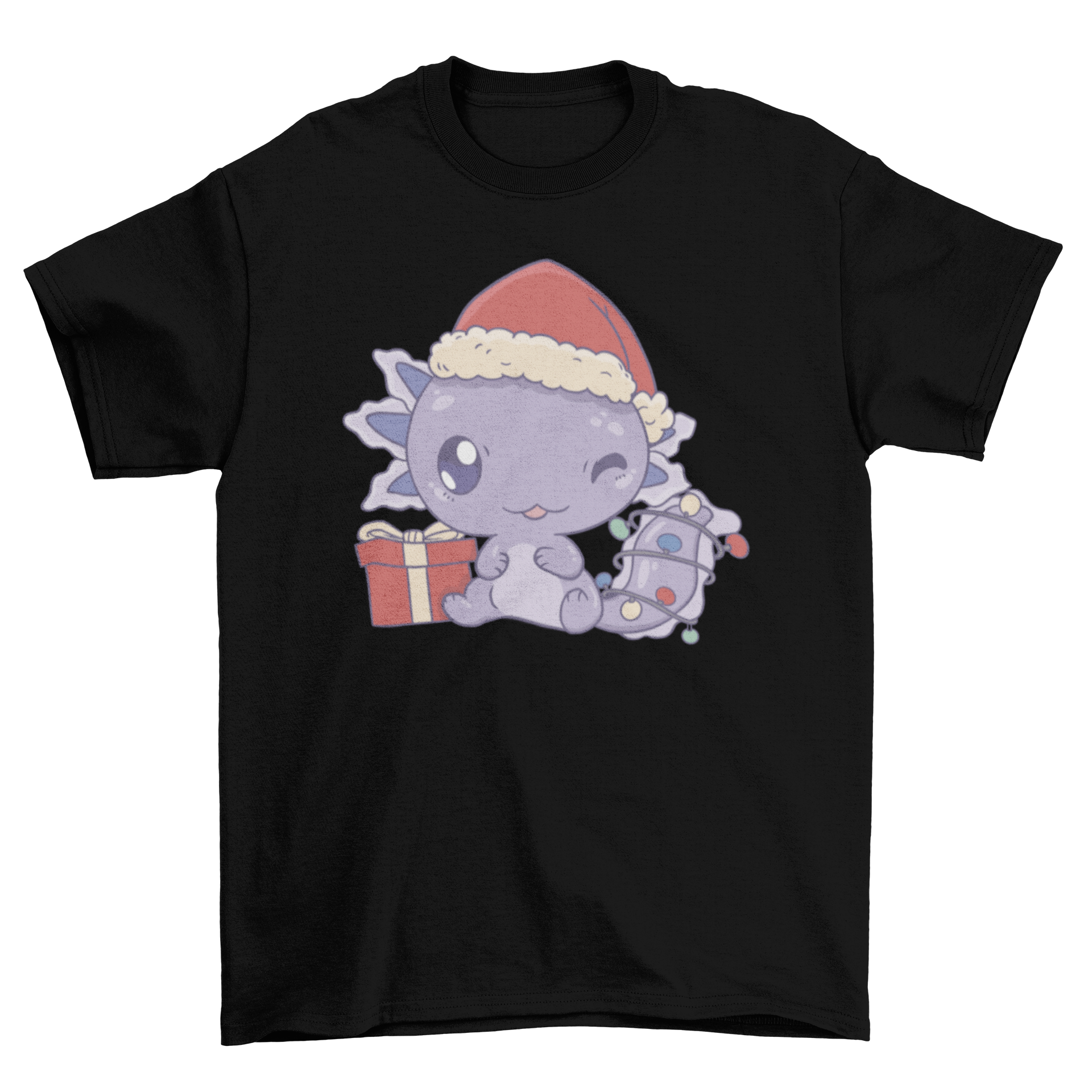 Cute Christmas axolotl t-shirt featuring an axolotl in a festive hat and colorful lights.