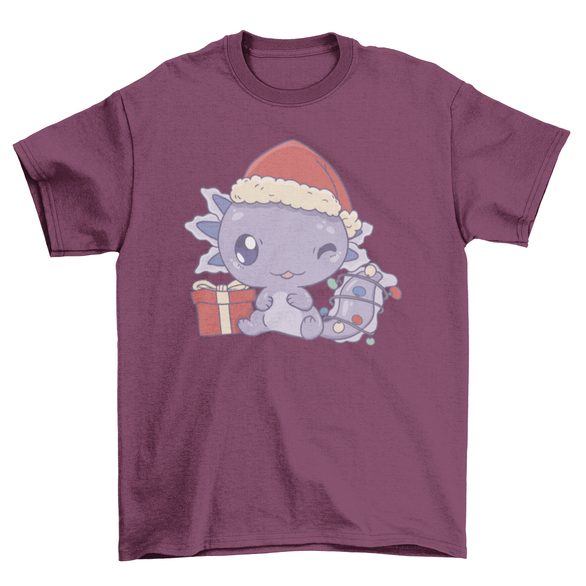 Cute Christmas axolotl t-shirt featuring an axolotl in a festive hat and colorful lights.