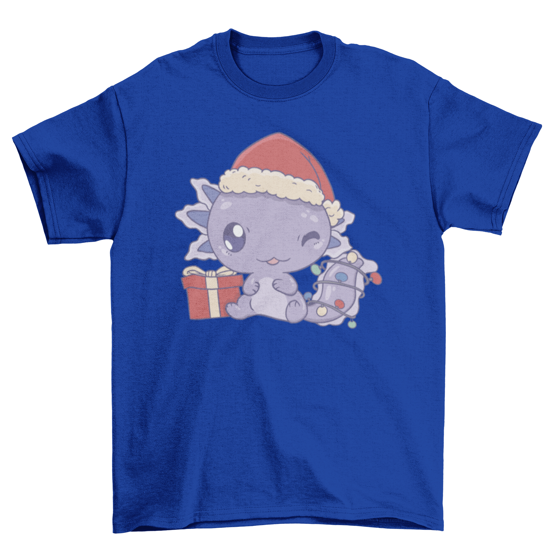 Cute Christmas axolotl t-shirt featuring an axolotl in a festive hat and colorful lights.