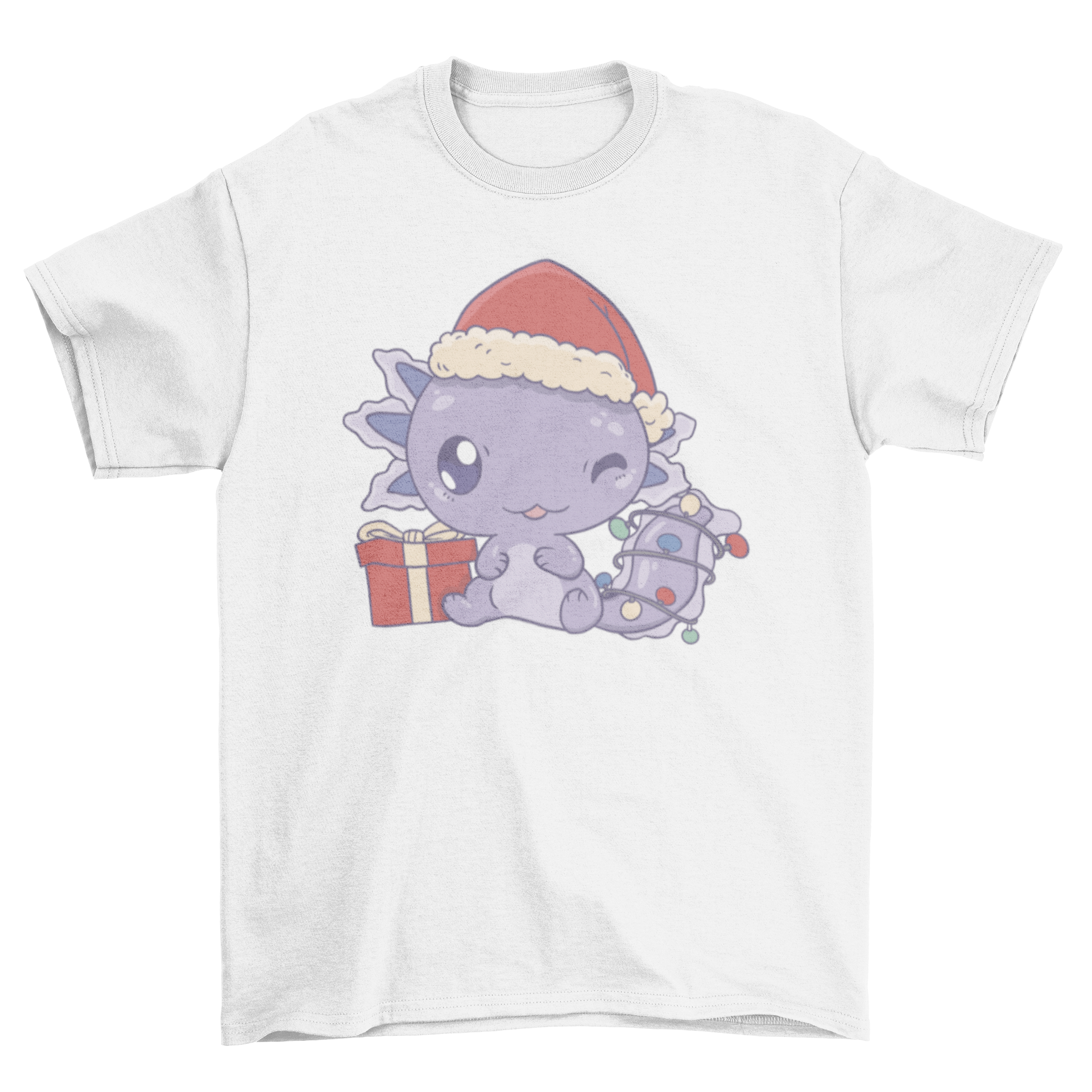 Cute Christmas axolotl t-shirt featuring an axolotl in a festive hat and colorful lights.