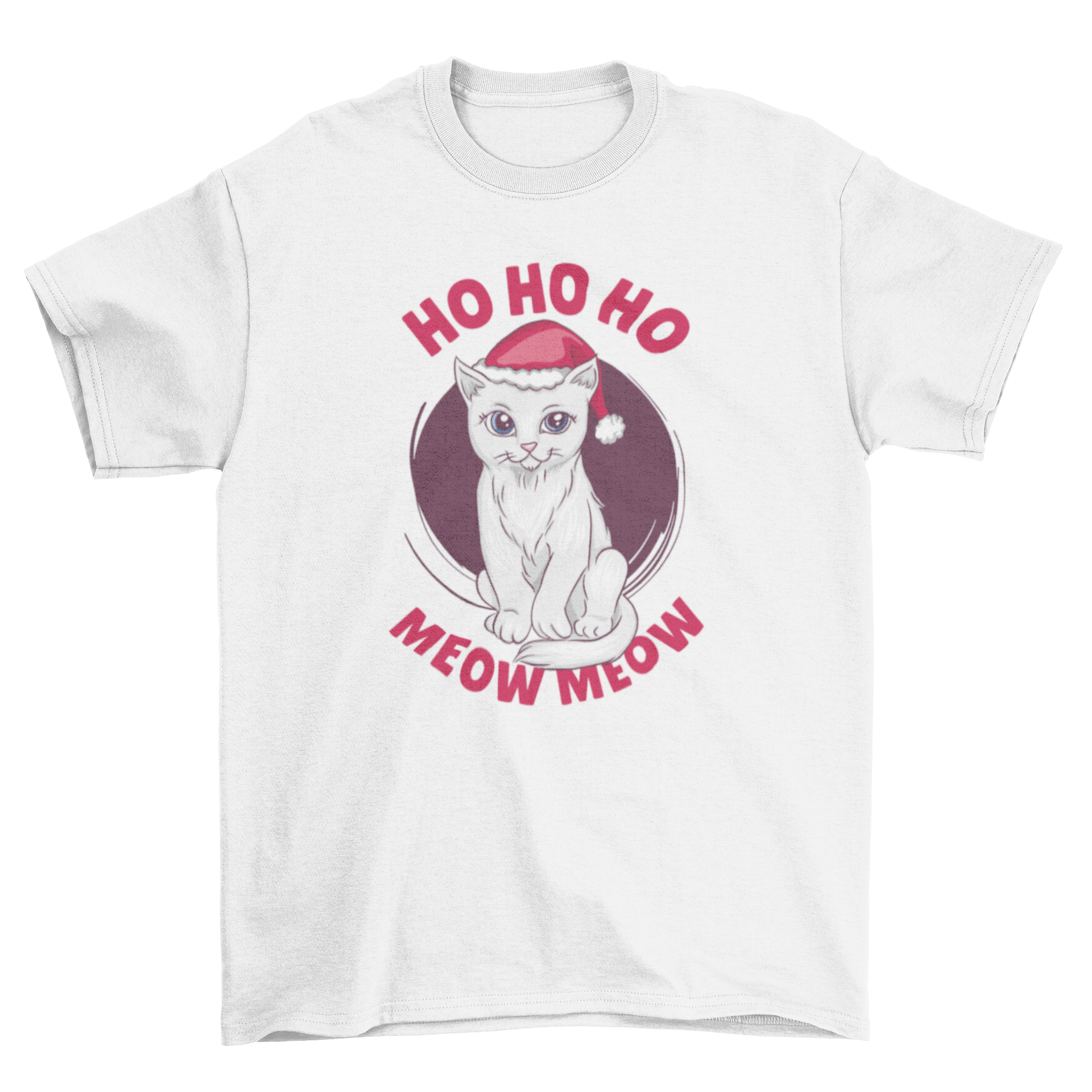 Cute Christmas cat t-shirt featuring a cat in a Santa hat with the caption 'Ho ho ho meow meow'.