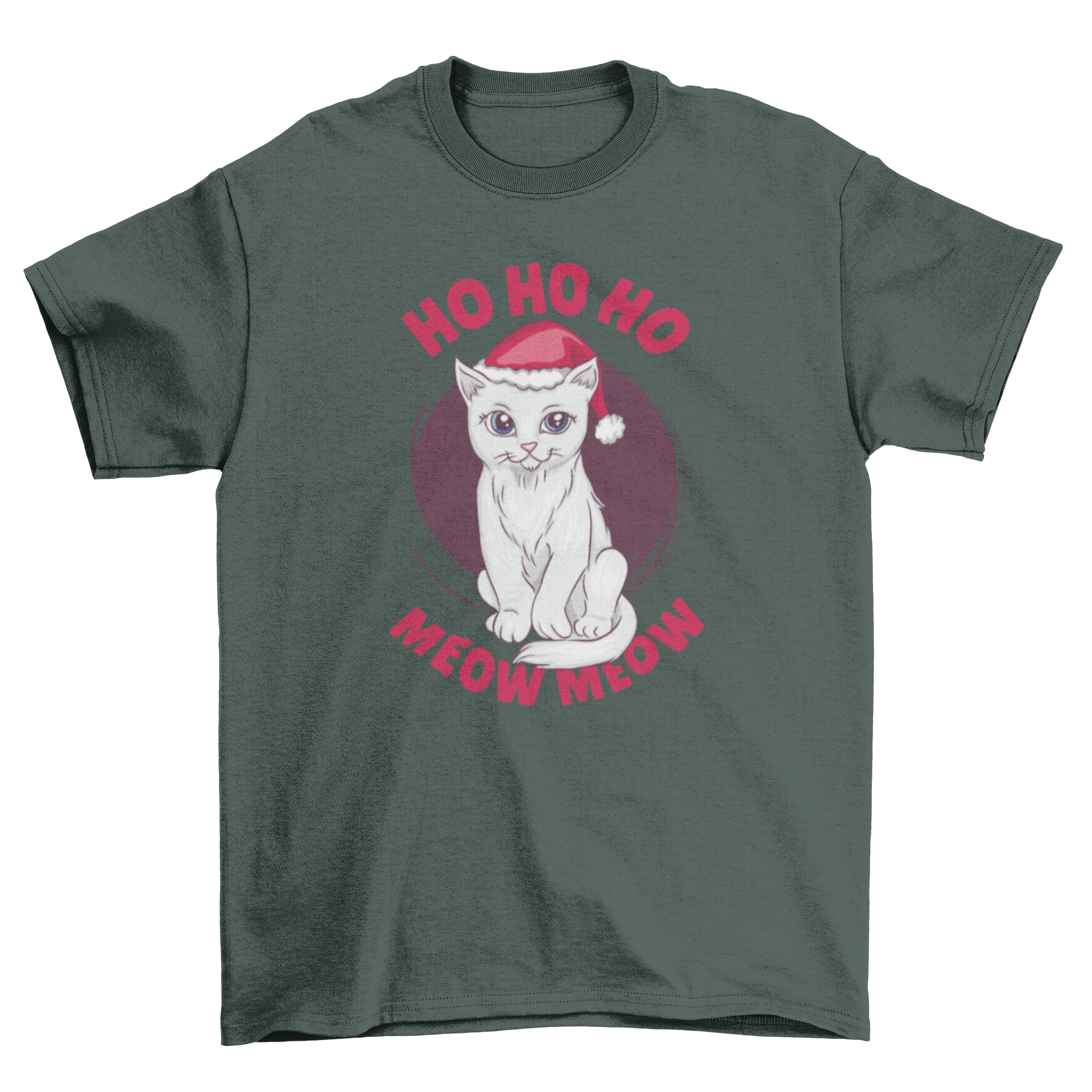 Cute Christmas cat t-shirt featuring a cat in a Santa hat with the caption 'Ho ho ho meow meow'.