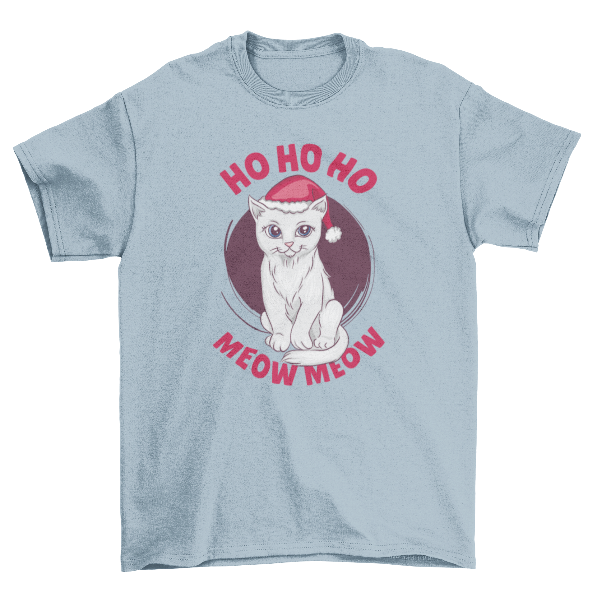 Cute Christmas cat t-shirt featuring a cat in a Santa hat with the caption 'Ho ho ho meow meow'.