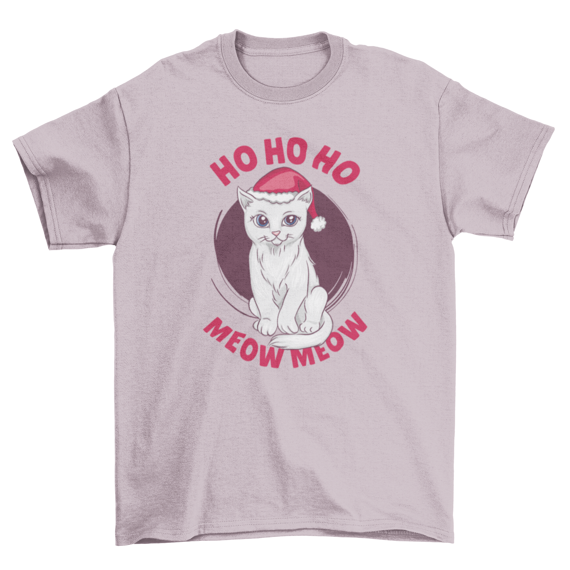 Cute Christmas cat t-shirt featuring a cat in a Santa hat with the caption 'Ho ho ho meow meow'.