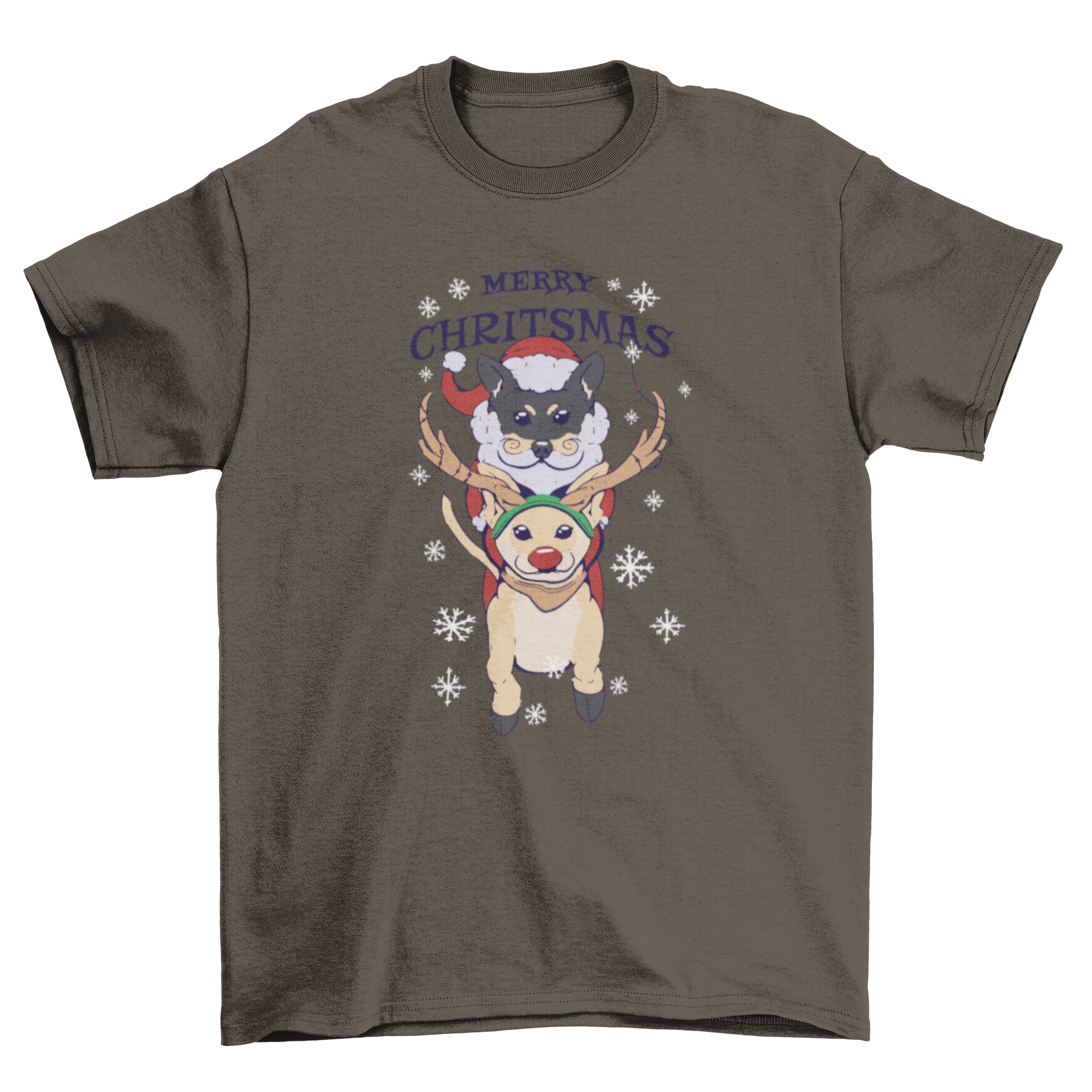 Cute Christmas t-shirt featuring two dogs in festive costumes with a 'Merry Christmas' quote.