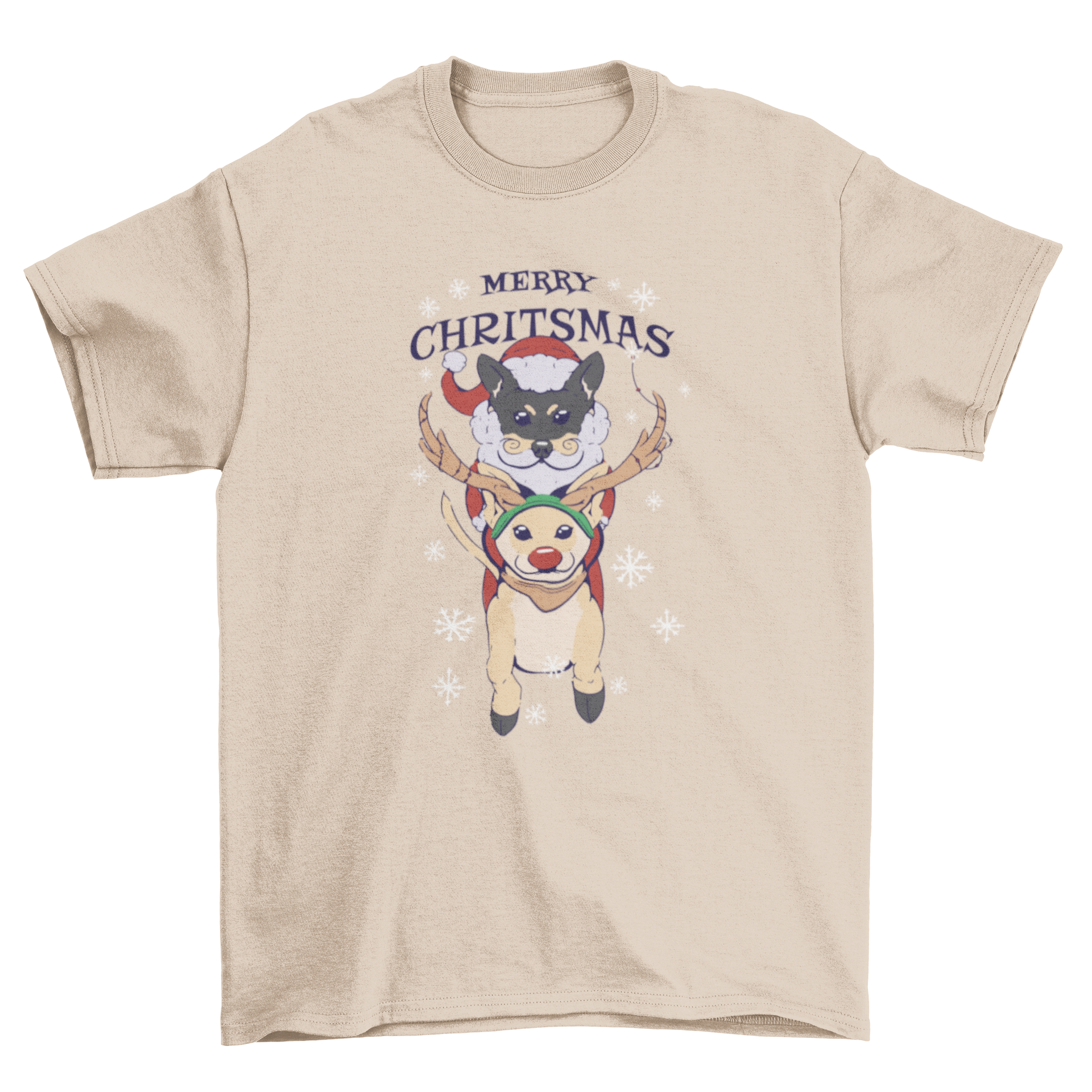 Cute Christmas t-shirt featuring two dogs in festive costumes with a 'Merry Christmas' quote.