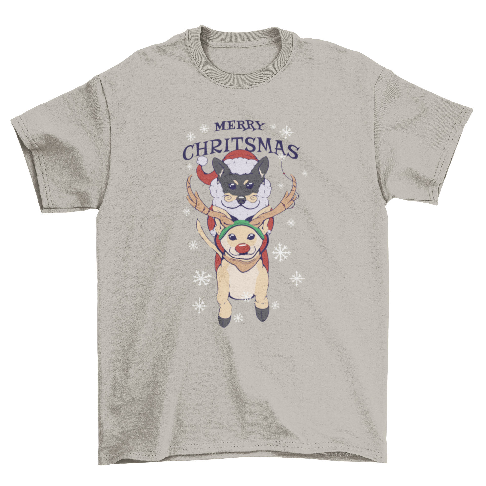 Cute Christmas t-shirt featuring two dogs in festive costumes with a 'Merry Christmas' quote.