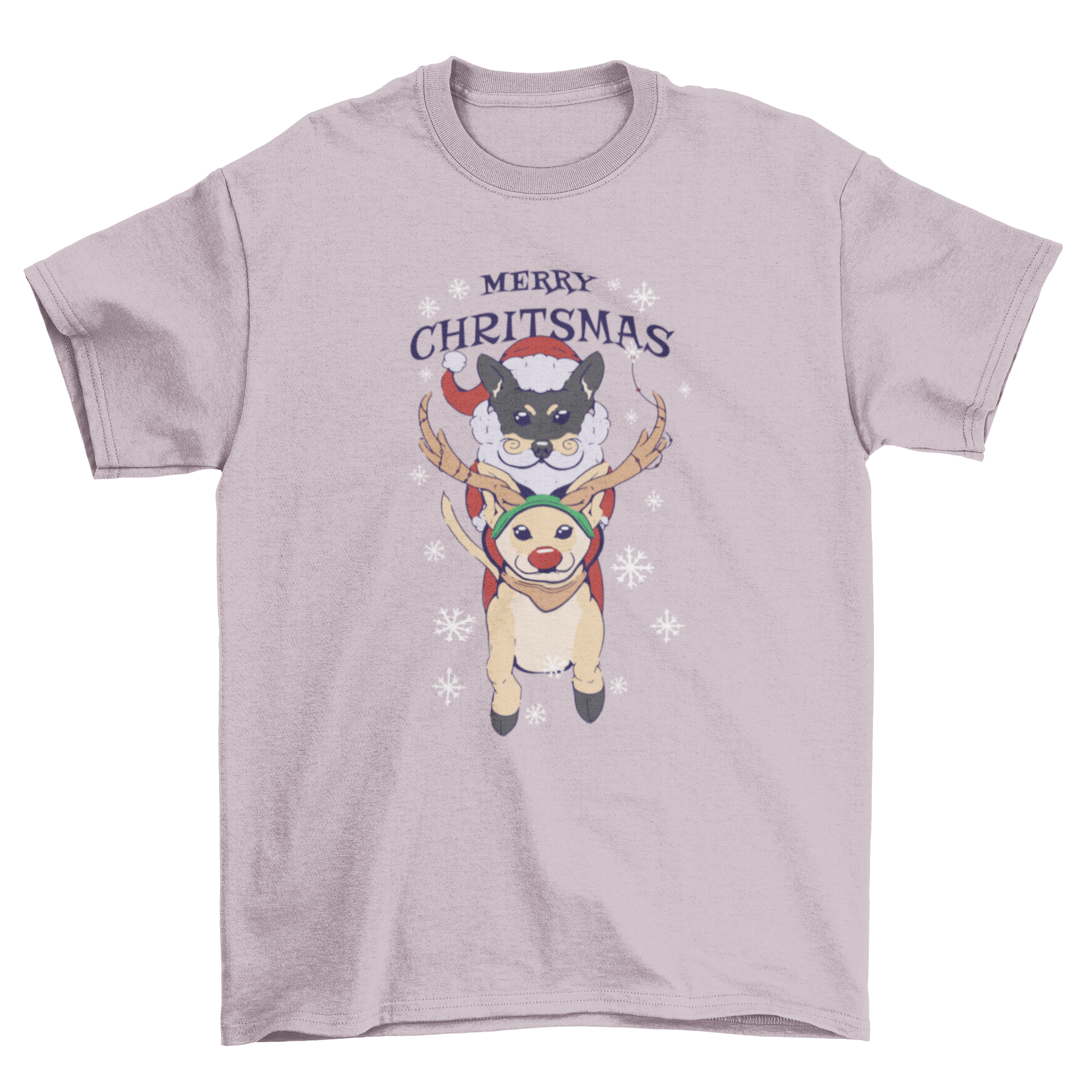 Cute Christmas t-shirt featuring two dogs in festive costumes with a 'Merry Christmas' quote.