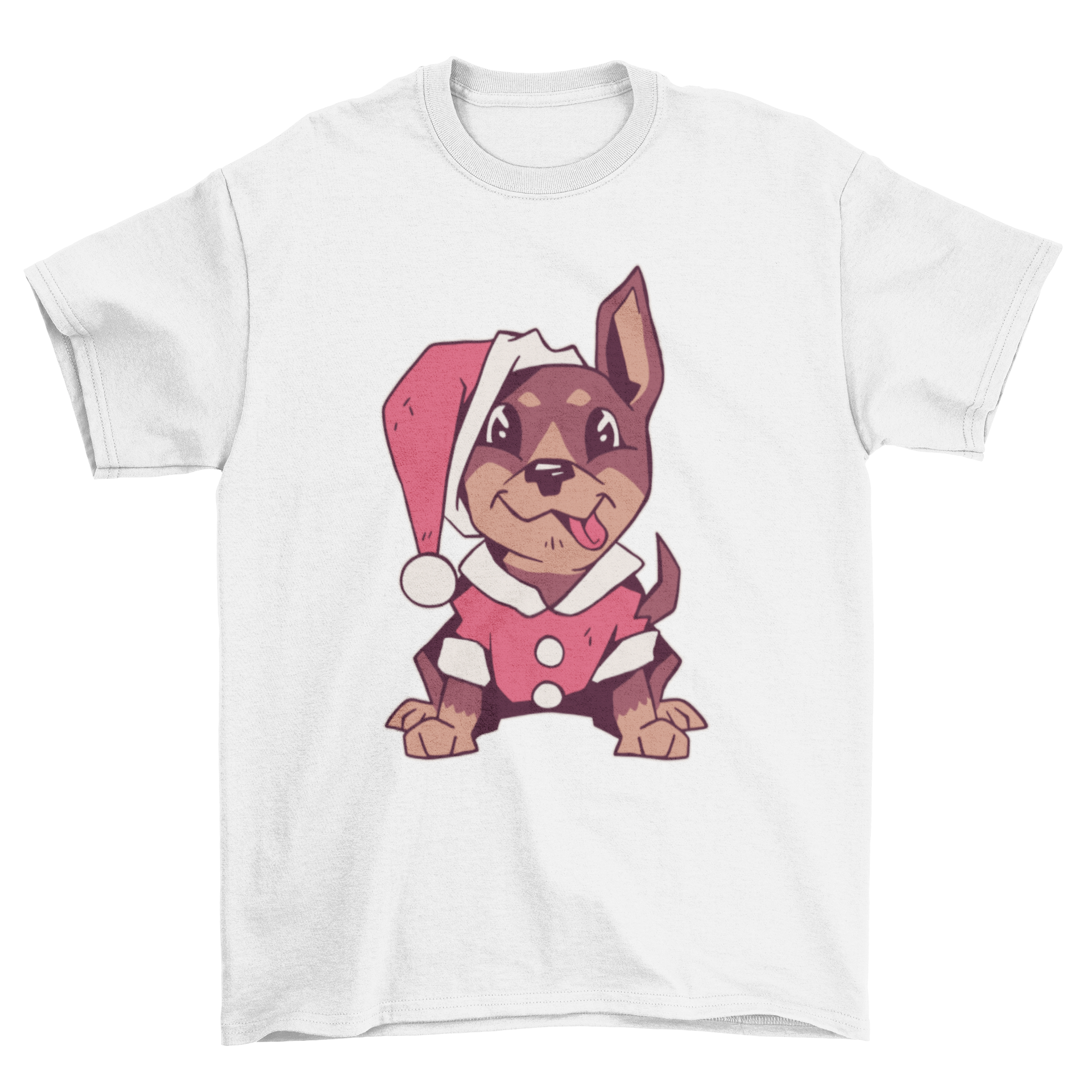 Cute Christmas puppy t-shirt featuring a puppy dressed as Santa Claus, perfect for holiday celebrations.