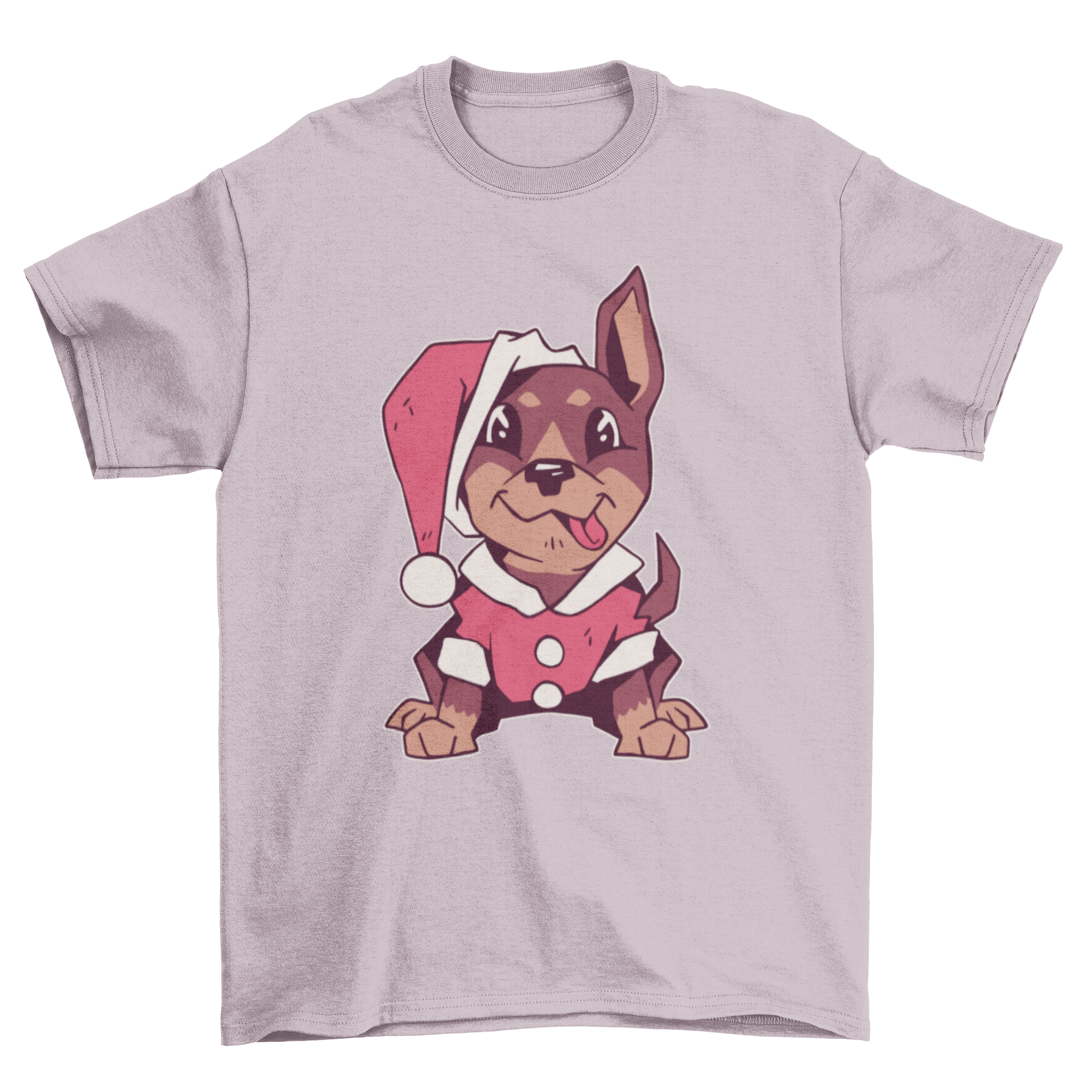 Cute Christmas puppy t-shirt featuring a puppy dressed as Santa Claus, perfect for holiday celebrations.