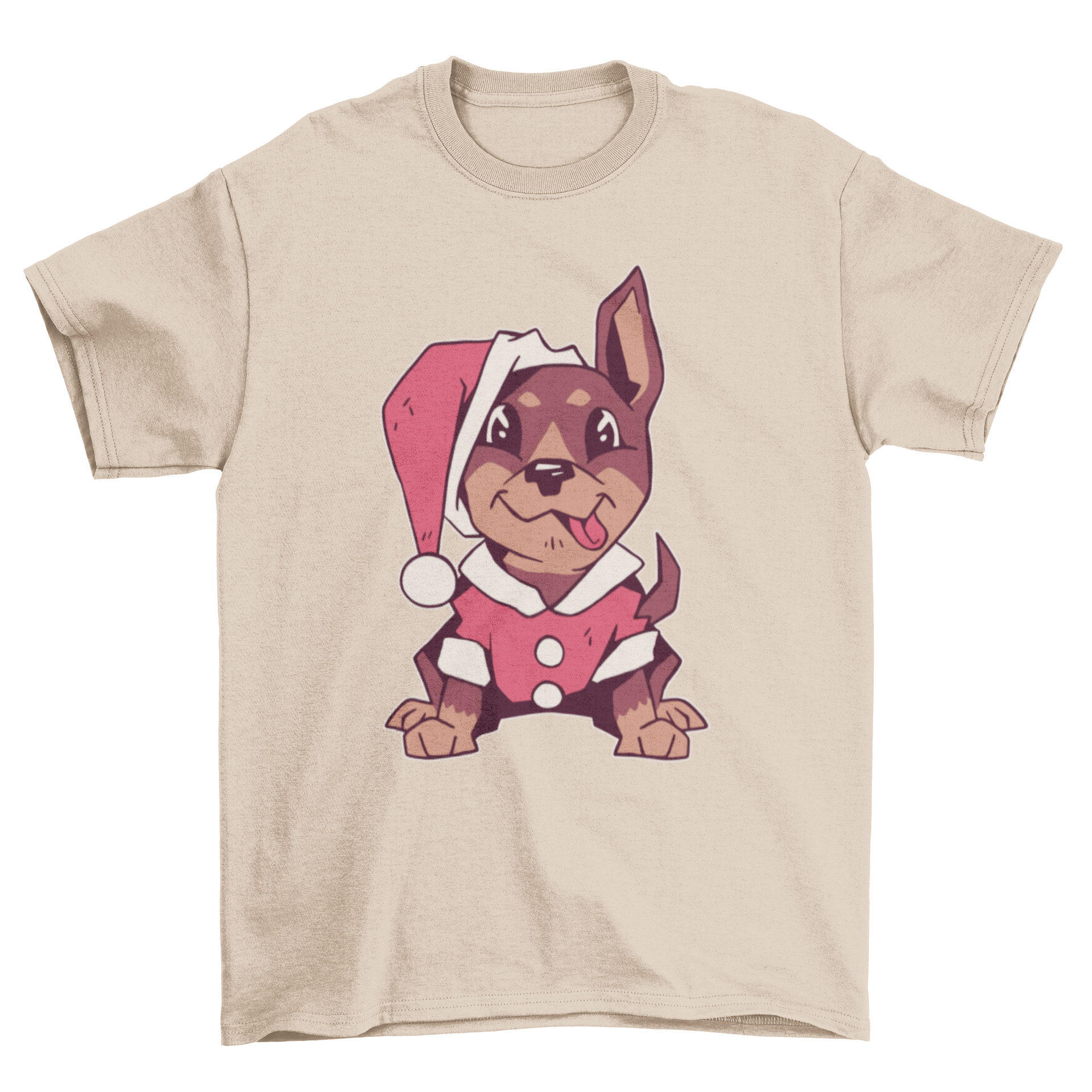 Cute Christmas puppy t-shirt featuring a puppy dressed as Santa Claus, perfect for holiday celebrations.